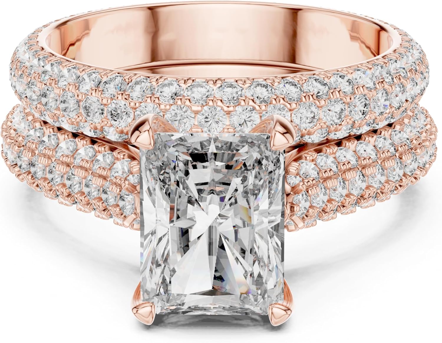 1-5 Ct Rose Gold Radiant Cut Engagement Ring Set for Women – Double Band Pave CZ Diamond Wedding Promise Ring, Stackable Bridal Jewelry