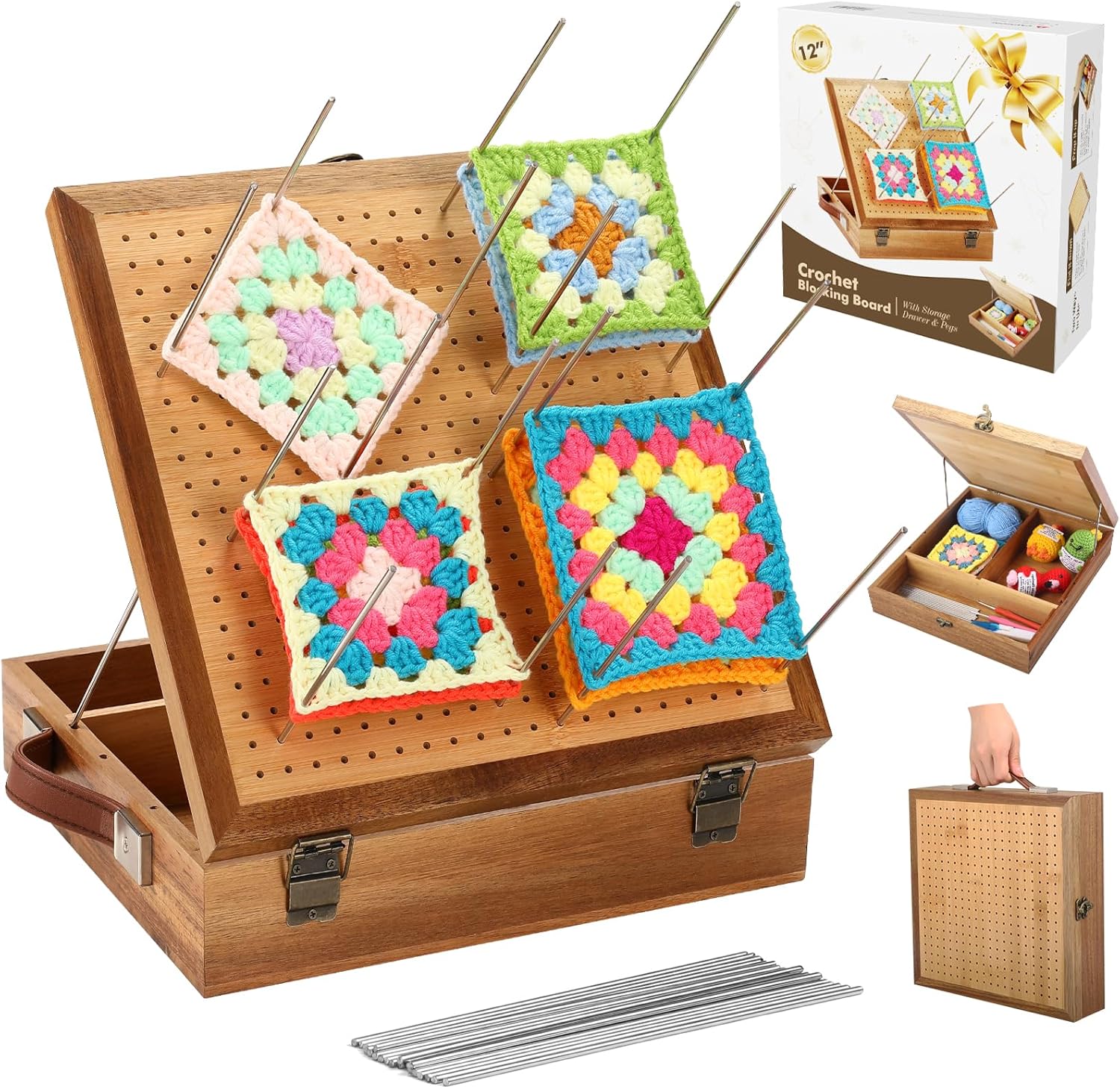 12.0" Crochet Blocking Board with Gift Box & Storage Drawer, Acacia & Bamboo Blocking Boards for Crochet Projects, Granny Square Blocking Board, Crocheting Accessories Gift for Grandmothers Crocheters