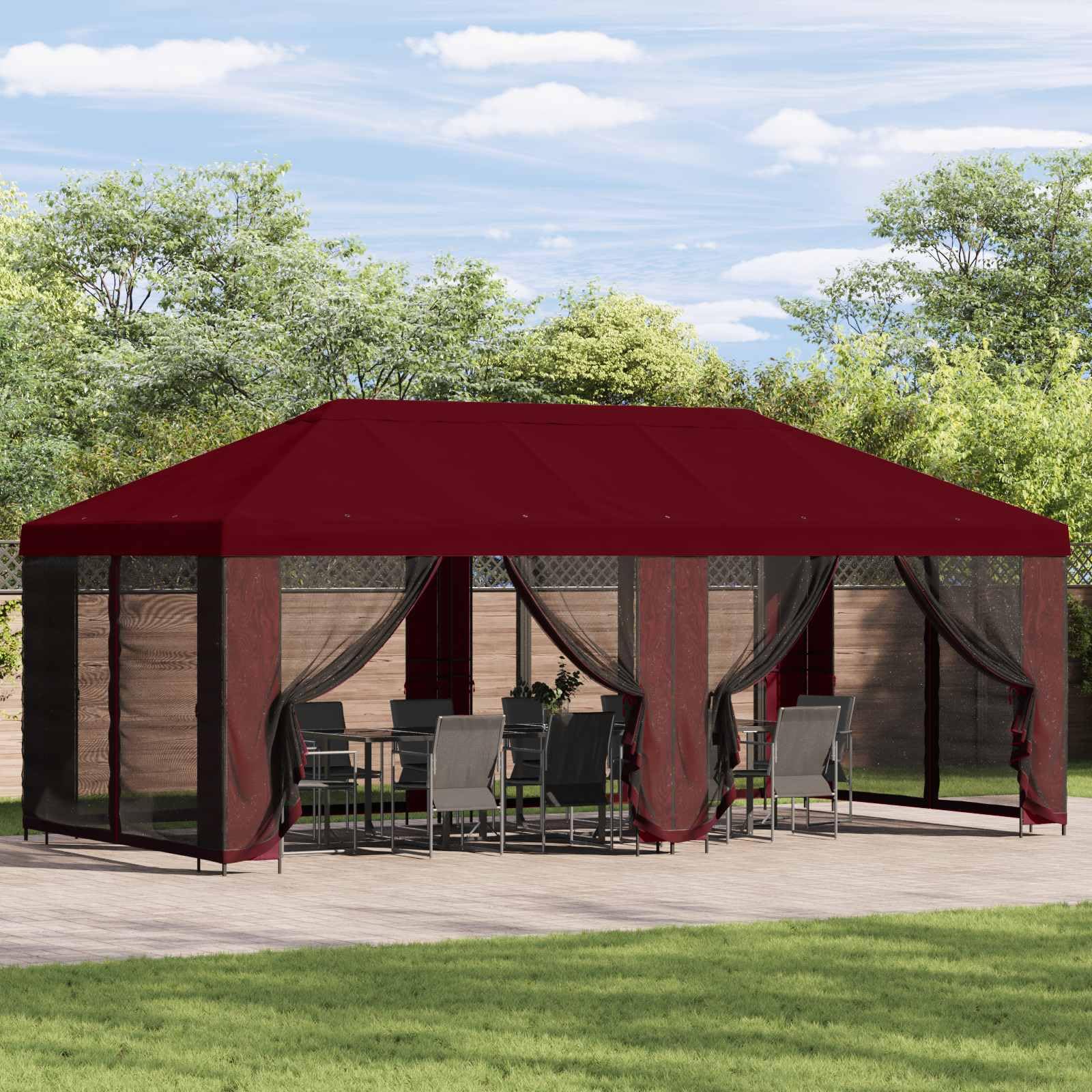 Pawilon ogrodowy, bordowy, 6 x 3 m, wykonany z poliestru i stali malowanej proszkowo 190 GSM, namiot imprezowy z daszkiem cyrkulacyjnym na taras, imprezy na świeżym powietrzu i ochrona