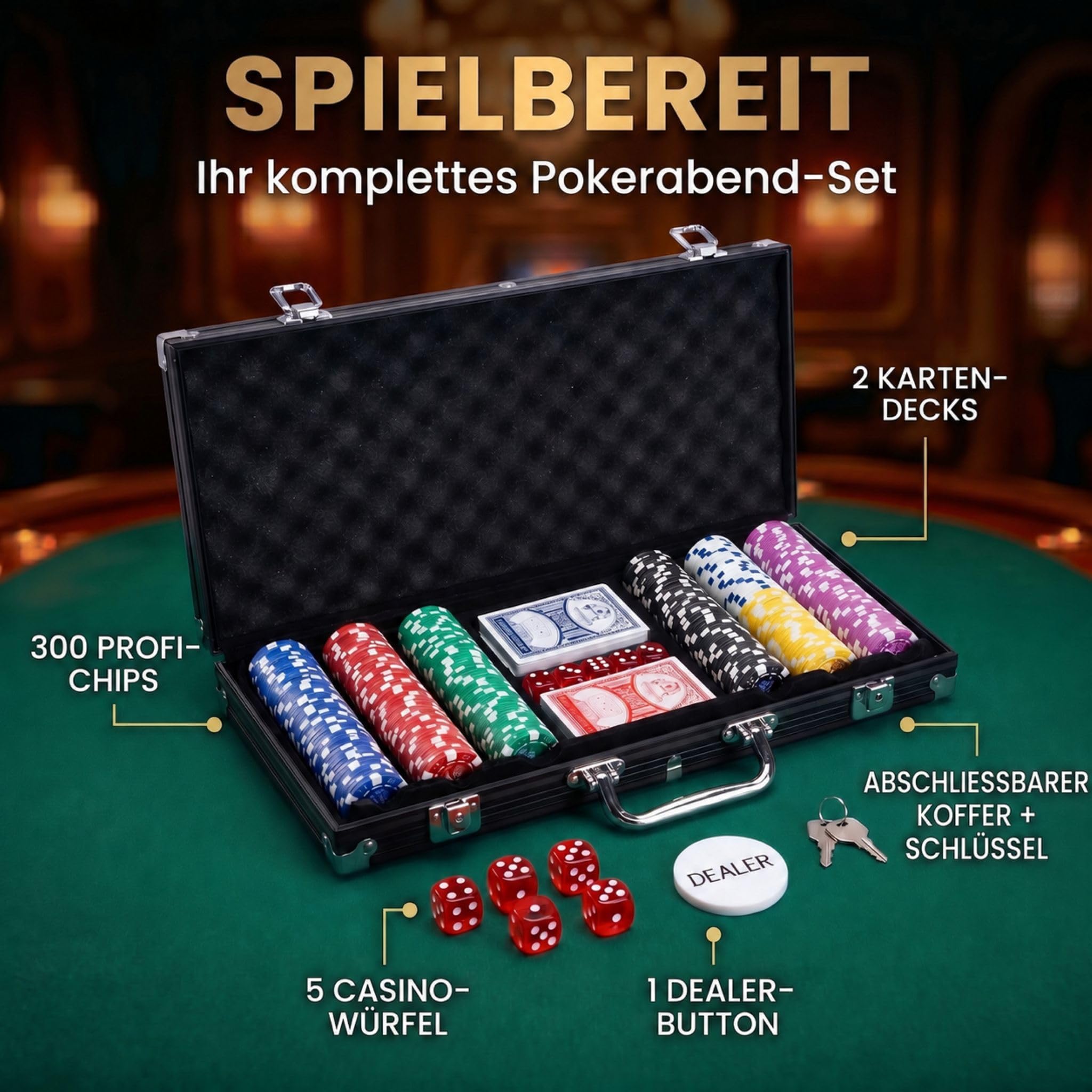 Profi Pokerkoffer mit 500 Chips, Alu-Koffer abschließbar, Casino für Zuhause (Schwarz)