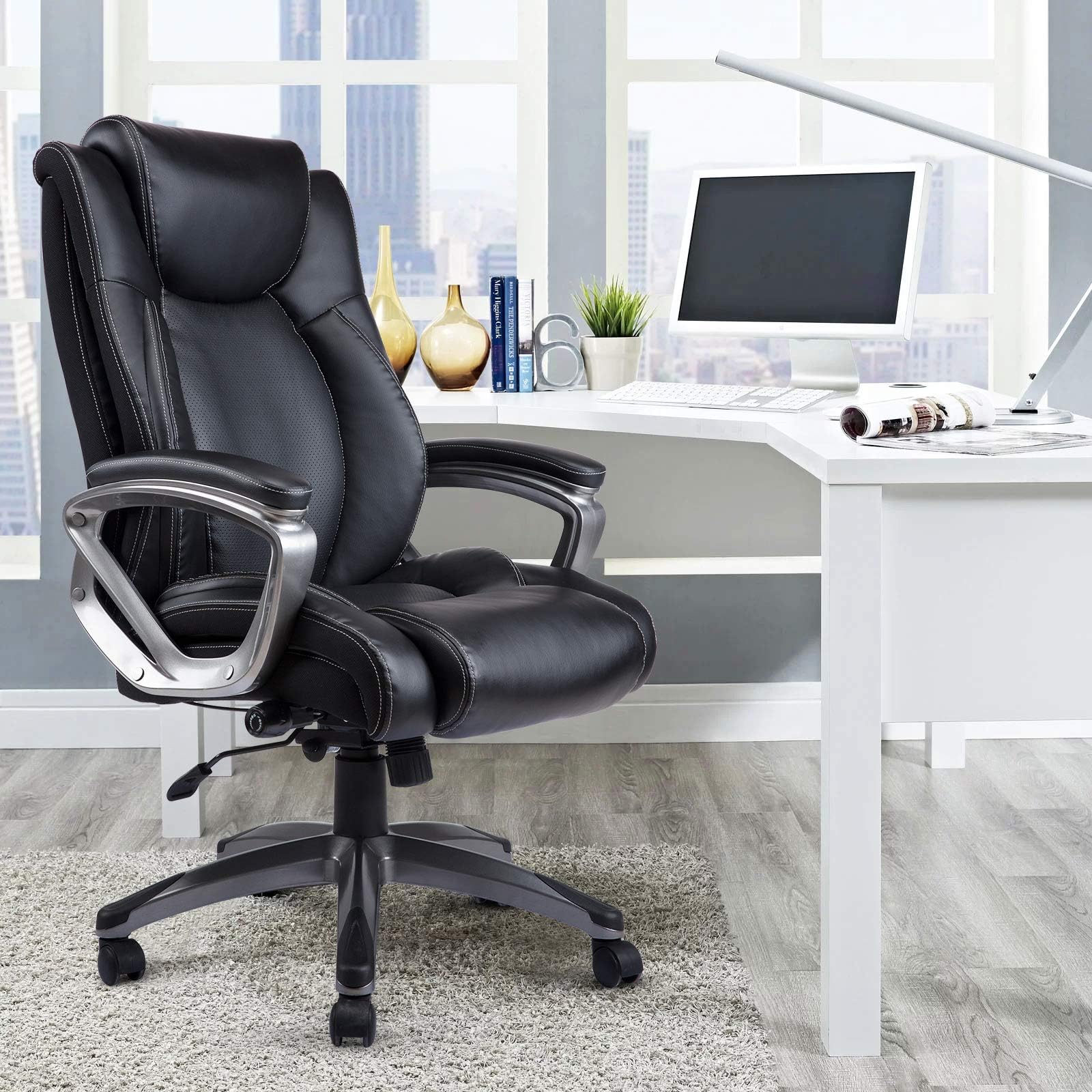Leather Memory Foam Office Chair - Adjustable Lumbar Support Knob and Tilt Angle High Back Executive Computer Desk Chair, Thick Padding for Comfort Ergonomic Design for Lumbar Support, Black