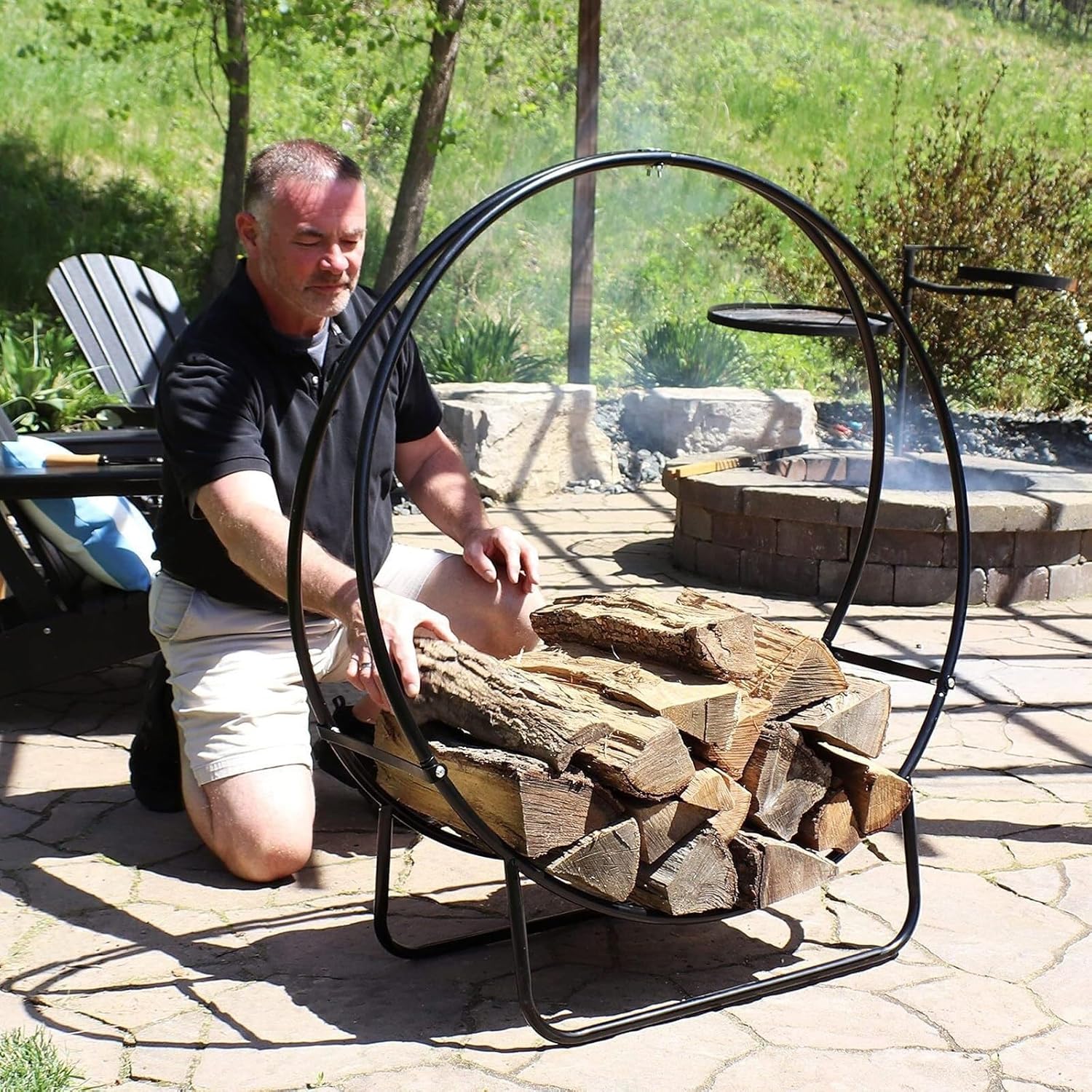 Firewood Rack Holder, Firewood Log Rack Hoop, Indoor/Outdoor Round Tubular Steel Wood Storage Holder, Firewood Stand for Patio Deck Porch(40in)