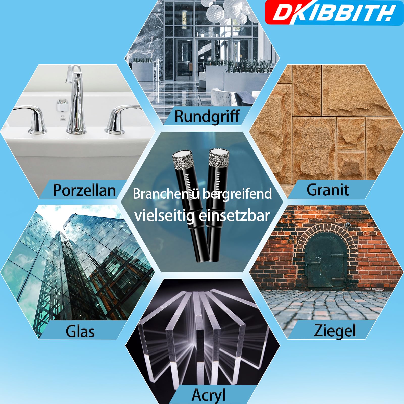 DKIBBITH 10-teiliges Set Trocken-Diamantbohrer & Fliesenbohrer für Keramik, Porzellan, Marmor, Granit, Stein, Glas – Rundschaft 5mm(x2), 6mm(x3), 8mm, 10mm, 12mm + 2 Stück Mauerbohrer 6mm.