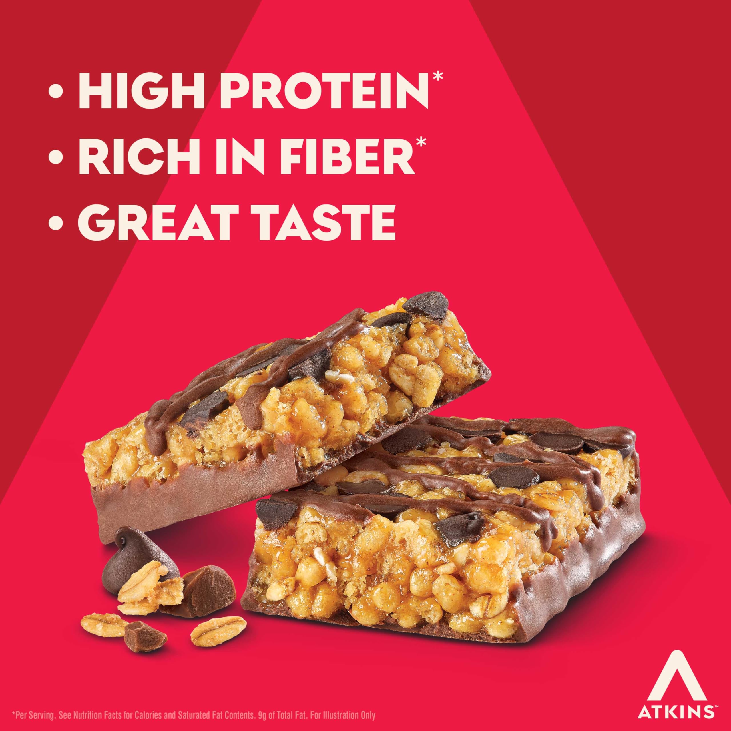 Atkins Barra de comida de proteína de granola con chispas de chocolate, alta fibra, 0.67 onzas de proteína, 0.04 onzas de azúcar, 0.11 onzas de carbohidratos netos, reemplazo de comidas, apto para
