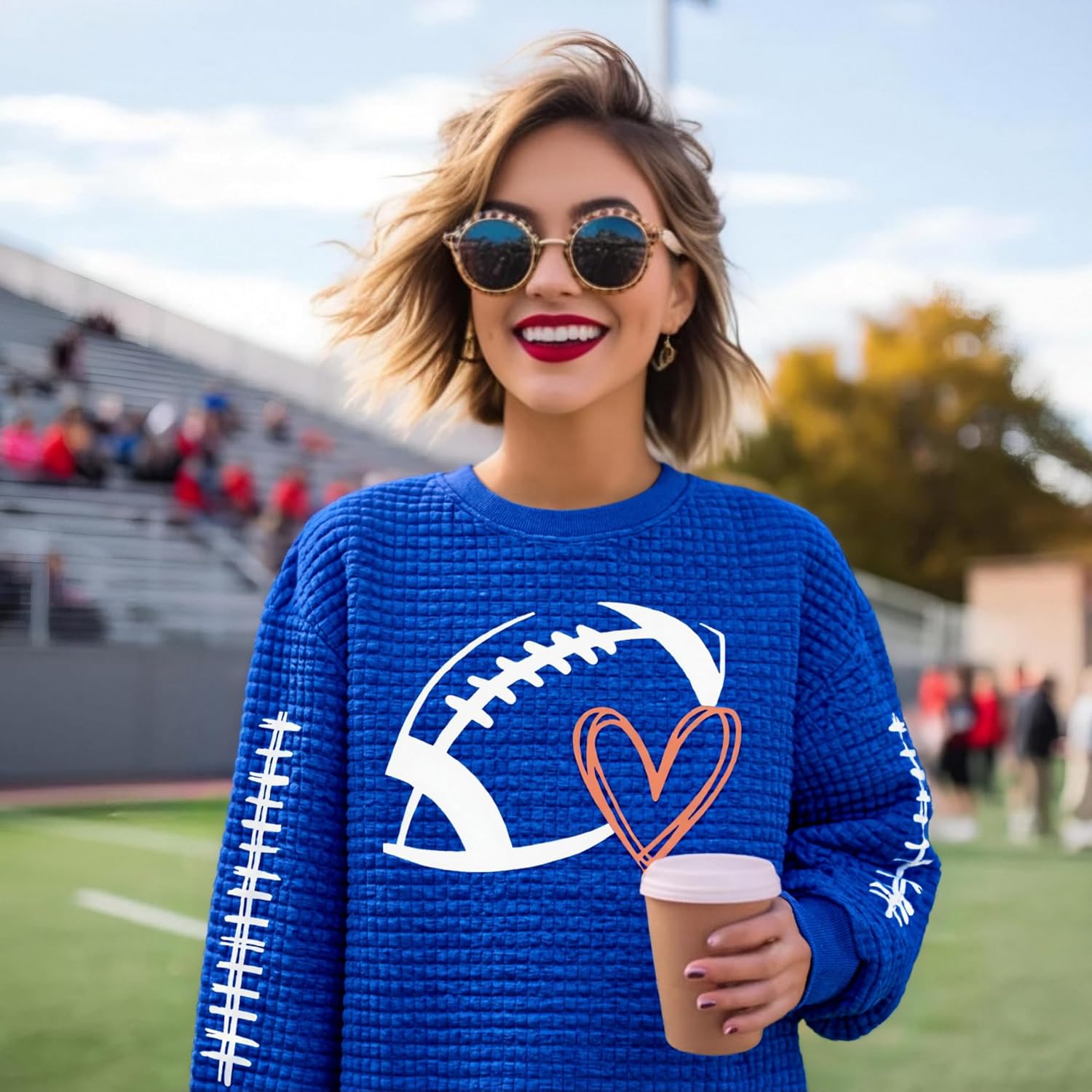 VILOVE Game Day Sweatshirt Women: Funny Football Heart Graphic Sweatshirt Waffle Knit Long Sleeve Gameday Fans Pullover Tops