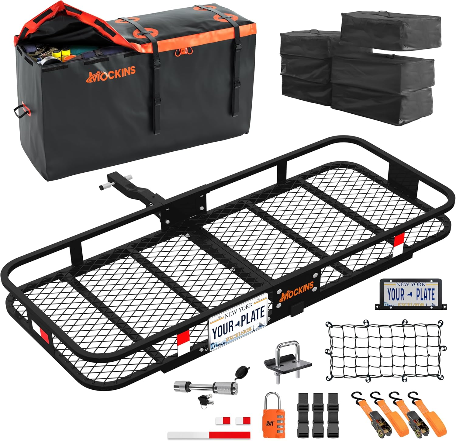 Mockins 60"x24"x6" Heavy Duty Trailer Hitch Cargo Carrier with 30 Cu Ft Waterproof Cargo Bag for Hitch Carrier & 6 Packing Cubes | 500 Lbs. Capacity Folding Luggage Rack for SUV, Car, Truck, & RV