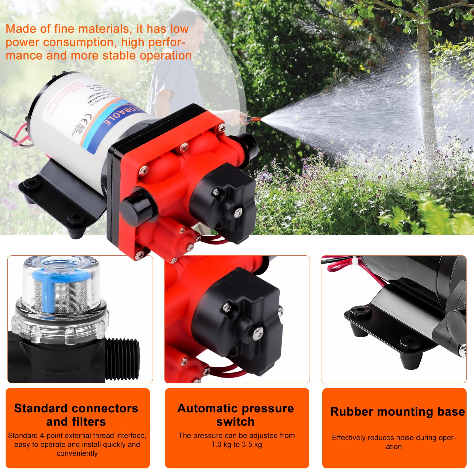 Pompa membranowa, DC 12 V, wysokociśnieniowa pompa wodna, 55 psi, 5,5 GPM, 4-komorowa membranowa, przemysłowa pompa ciśnieniowa do łodzi morskich RV (1 filtr + 2 złącza)