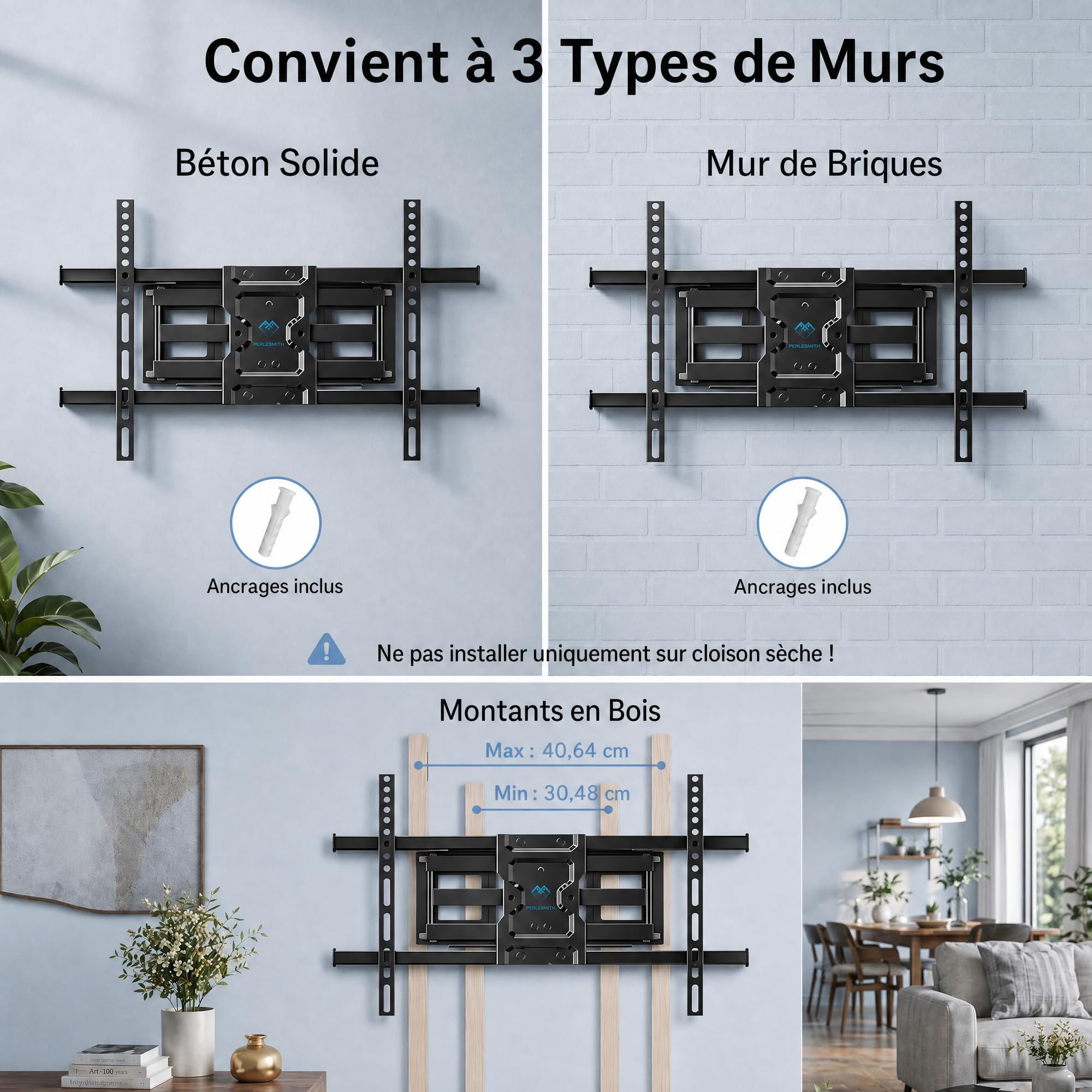 PERLESMITH Support Mural TV, pour 37-85 Pouces (94-216cm) TVs Jusqu'à 60kg | Double Bras Robuste, Fixation TV Mural Orientable et Inclinable 55 65 Pouces, Max VESA 600x400mm