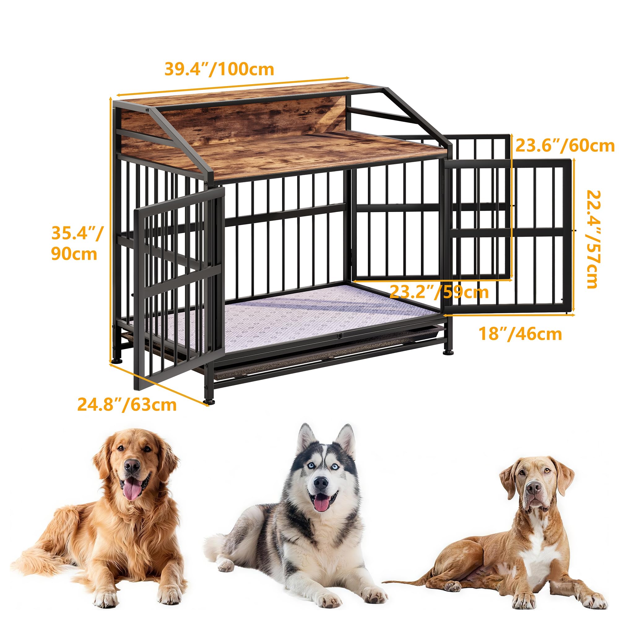 Hundekäfig Möbel, 100cm Hundebox für Zuhause, 2 Türen, Moderne Hundebox Indoor für Hunde, Beistelltisch, Hundekäfig Hochbelastbar 100 x 63 x 90 cm mit Waschbarer Decke & Abnehmbarem Tablett