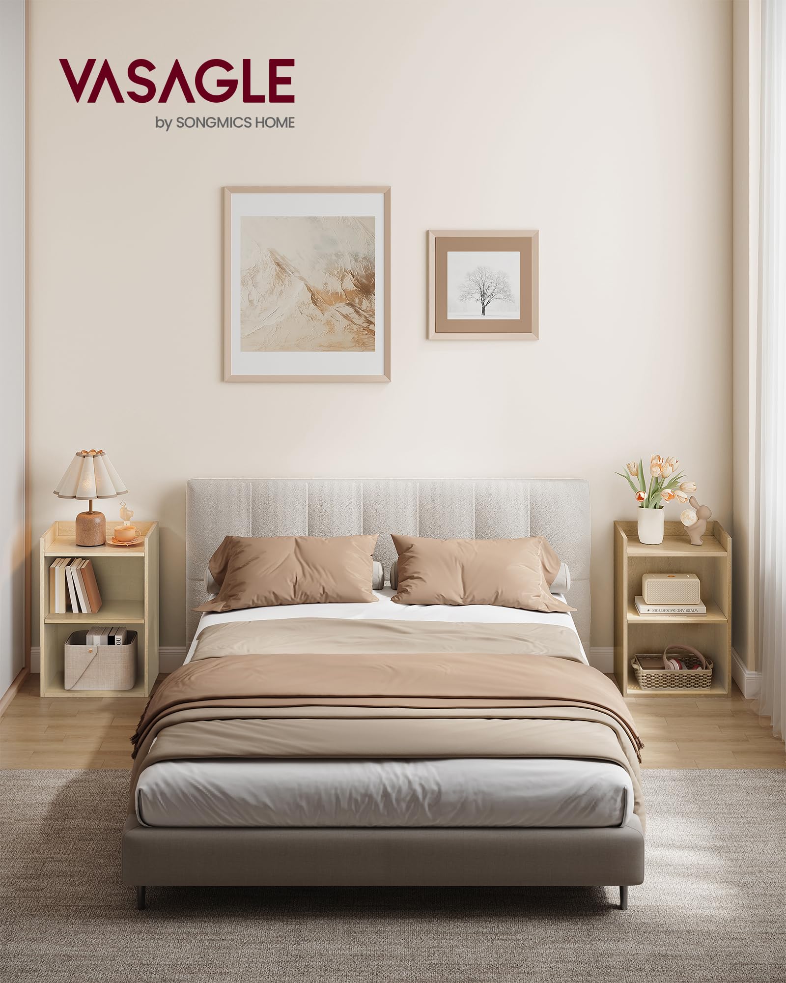 VASAGLE Custos Colección - Juego de 2, Mesita de Noche con Compartimentos Abiertos, Mesa Auxiliar con Balda Ajustable, Doble Uso, Montaje Fácil, Dormitorio, Salón, Beige Travertino LET866LA01