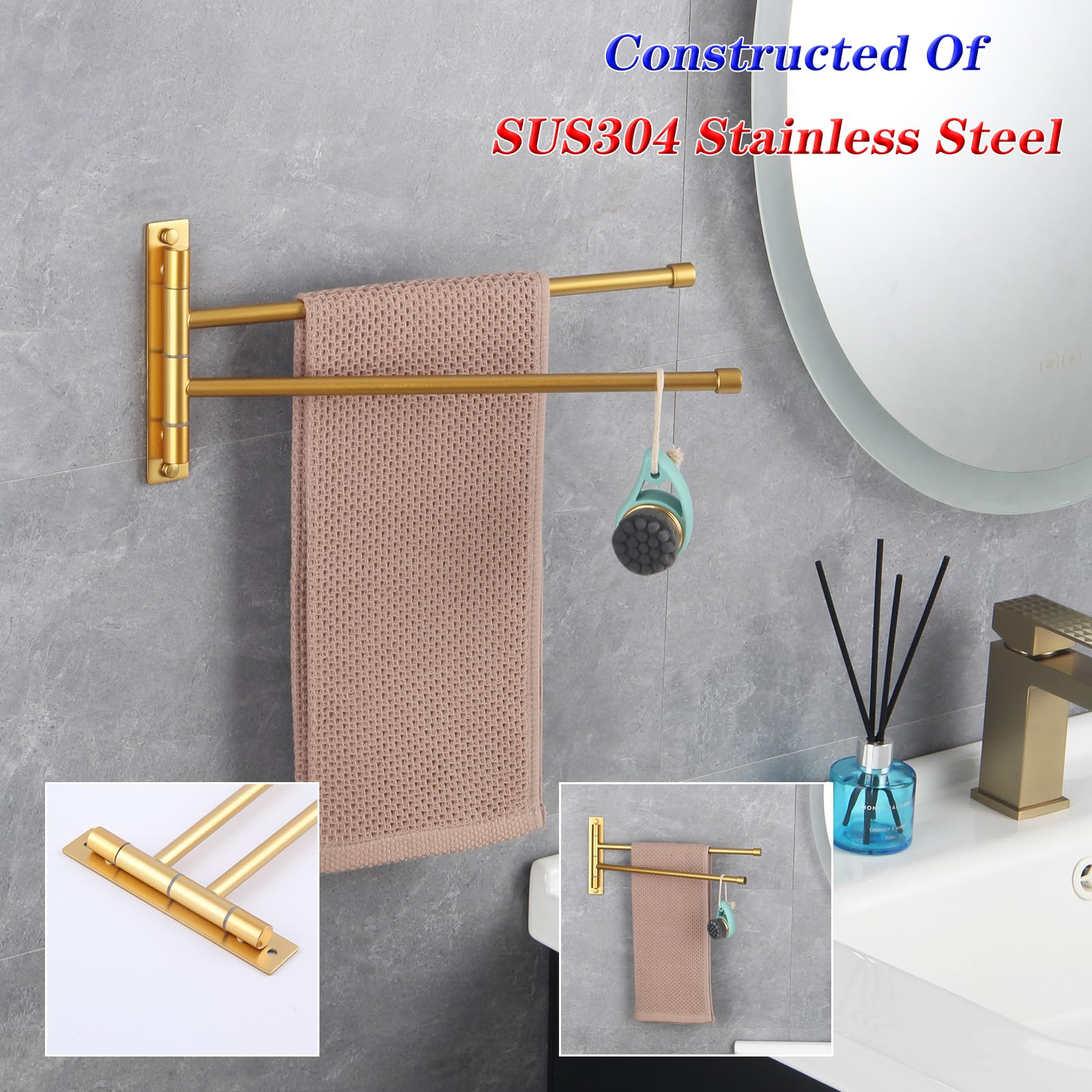 GERZWY Bathroom Swing Arm Towel Bars 2-Arm Wall Mount Stainless Steel Bath Towel Rack Hanger Towel Holder Organizer Gold Finished HYG02-BE - Image 4