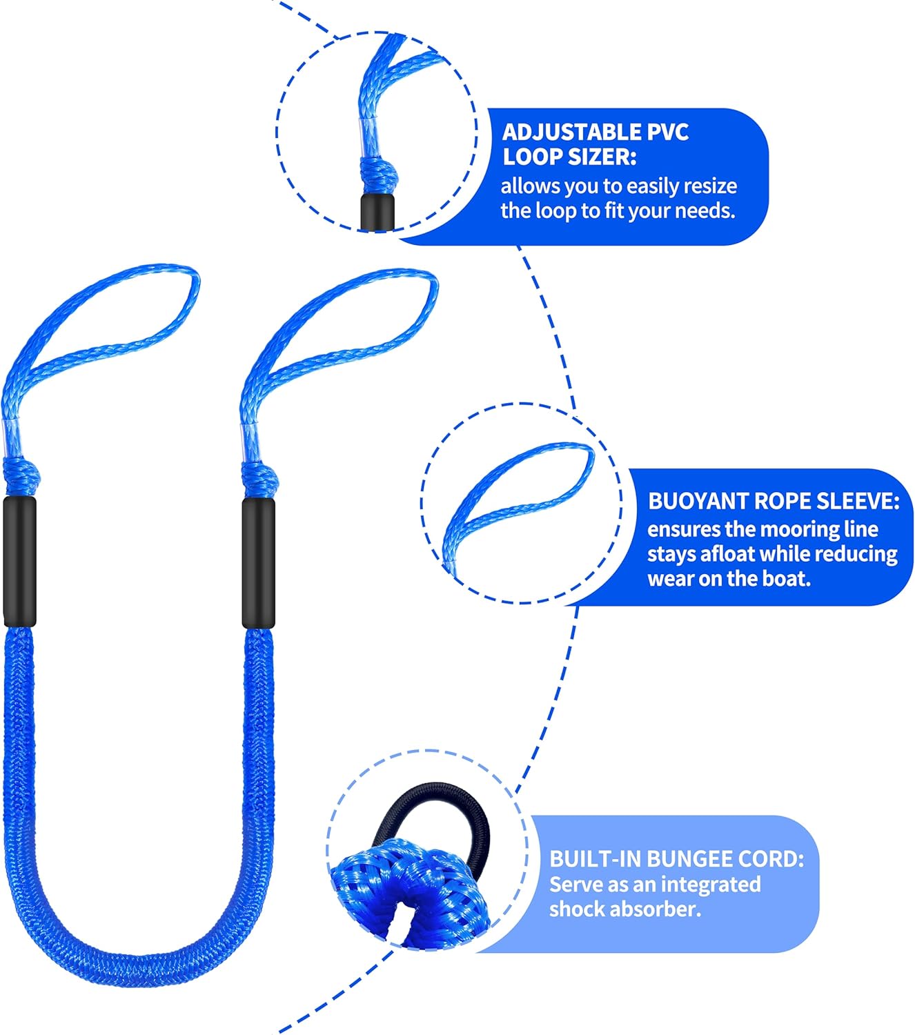 Marine Bungee Dock Lines for Boat 4-Pack, Braided Rope with Loops, Boat Tie Down for Dock, (4ft Blue)