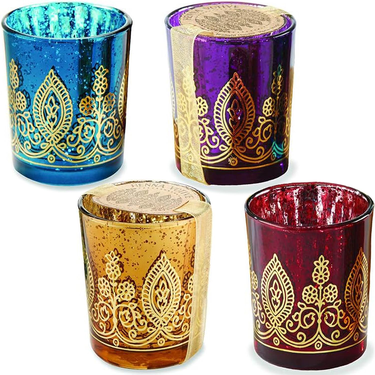 Kate Aspen Indian Jewel Henna Glass, Tealight Candle Holders Votives, Set of 4, Colors may vary