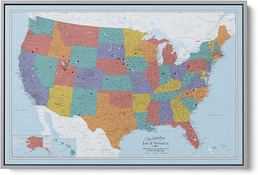 Blue Oceans USA Map with Pins Personalized Canvas United States Travel Map Framed Wall Decor Silver Float Frame 30" x 45"