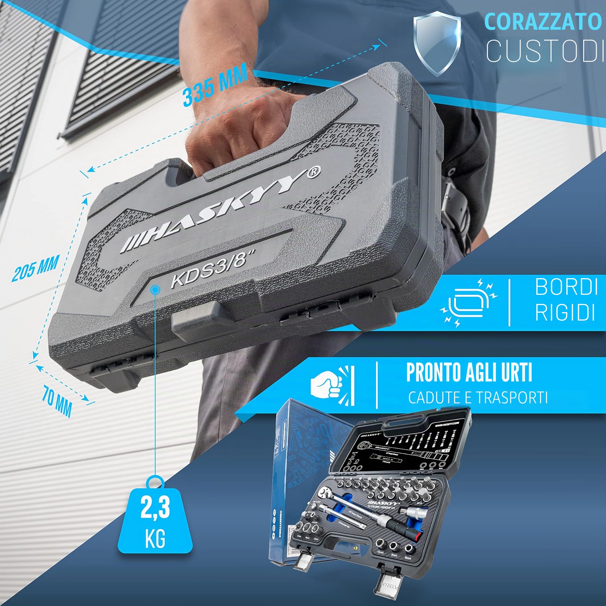 HASKYY Set di chiavi dinamometriche da 3/8", 5-60 Nm, per moto, chopper, moto personalizzate, con molti accessori come barra di estensione, punte, dadi a bussola, adattatore