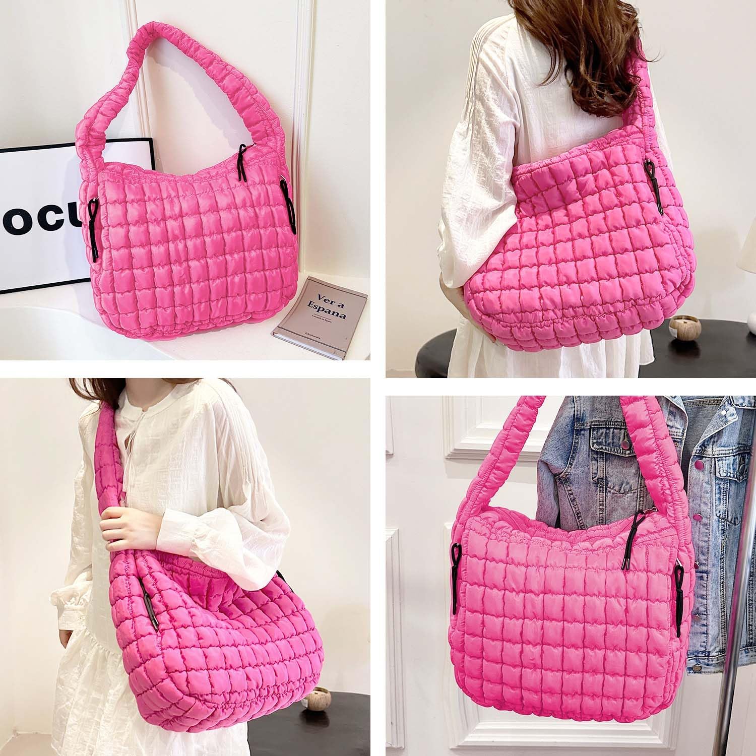 Puffer Tote, Quilted Puffer Hobo Bag, Lightweight Puffy Quilted Shoulder Bag for Work, Gym, Travel - Image 4