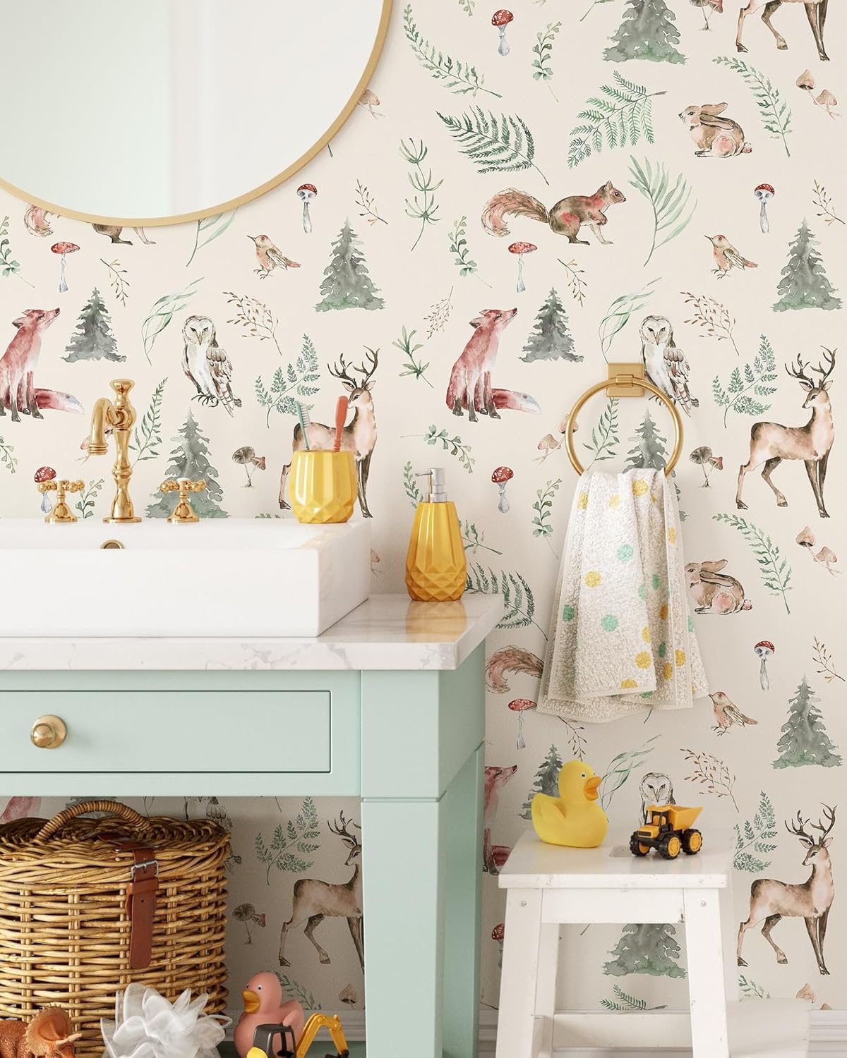 Forest Animals Wallpaper | Removable Self Adhesive Botanical Wallpaper | Flower and Forest Peel and Stick Wallpaper (1 roll 24" W x 96" H)