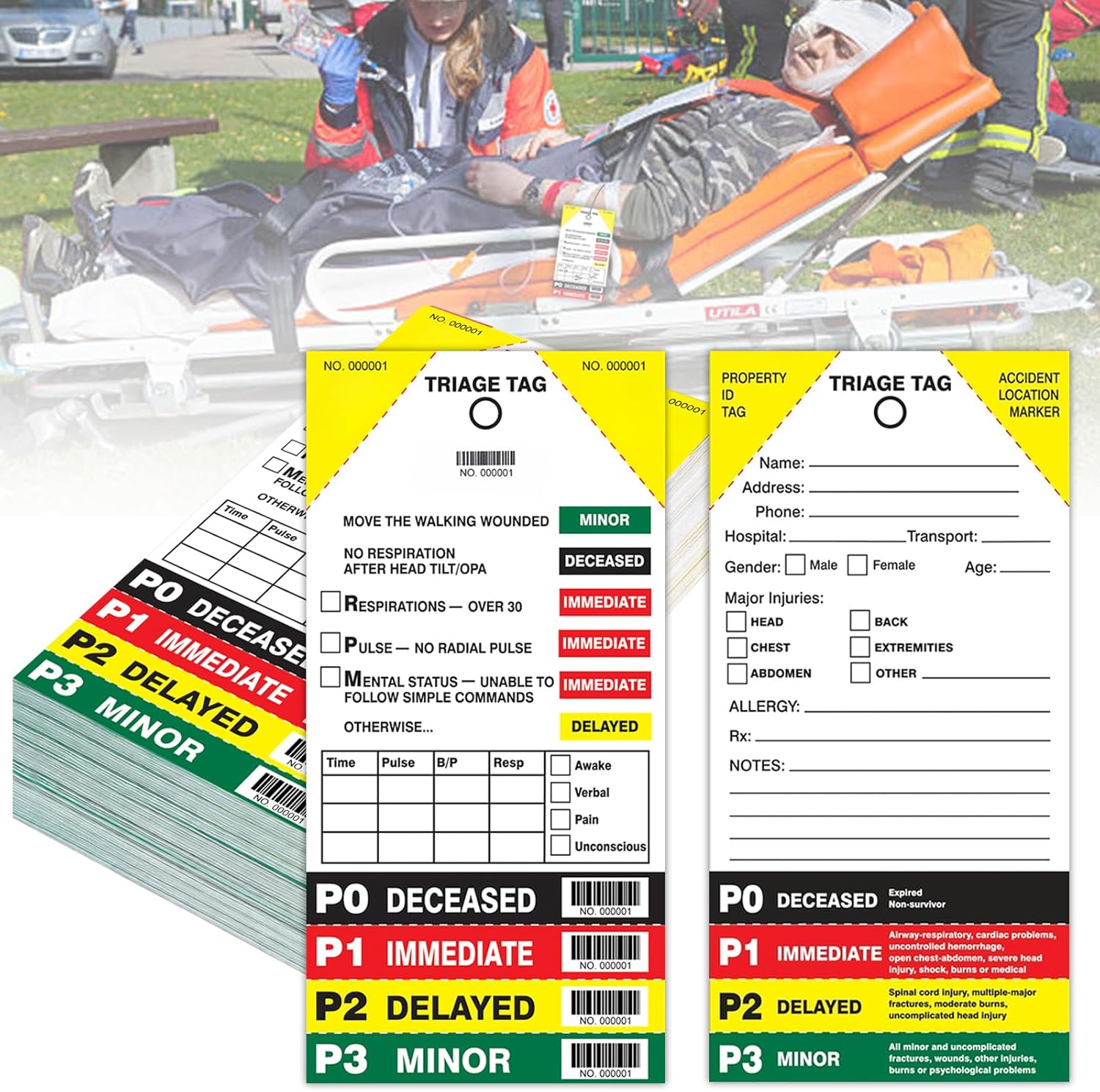 Triage Tag Card for First Aid & Emergency Response - Perforated Injury Level Sections, Random Start Sequential Numbering with Bar Code, 8" x 4" (10)
