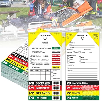 Triage Tag Card for First Aid & Emergency Response - Perforated Injury Level Sections, Random Start Sequential Numbering with Bar Code, 8" x 4" 50