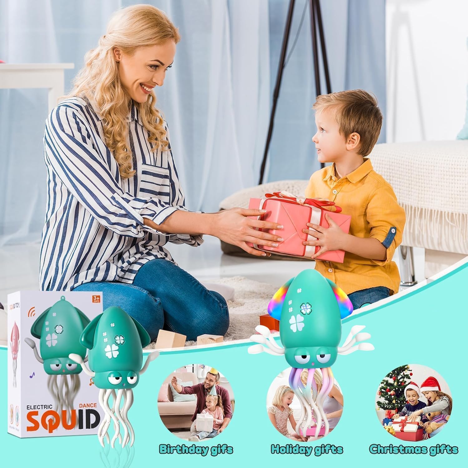 Dancing Squid Toy,Funny Electric Dancing Octopus Toy with LED & Music,Creative Crazy 8-Leg Action Squid with Fishing Pole,Stress Relief Xmas Gift for Boys Girls