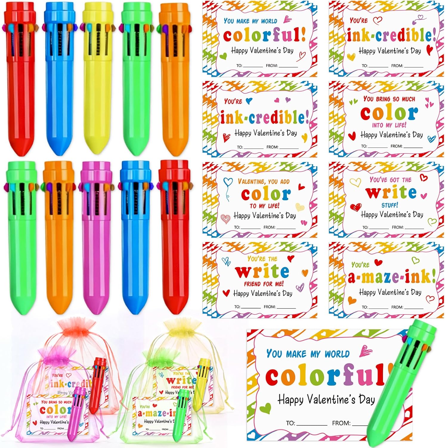 luck sea 32Sets Valentines Day Gifts Bulk for Adult: Valentine Ballpoint Pens and Exchange Cards Goodie Bags Stuffers, Galentines Day Gift for Office Coworkers Party Favors