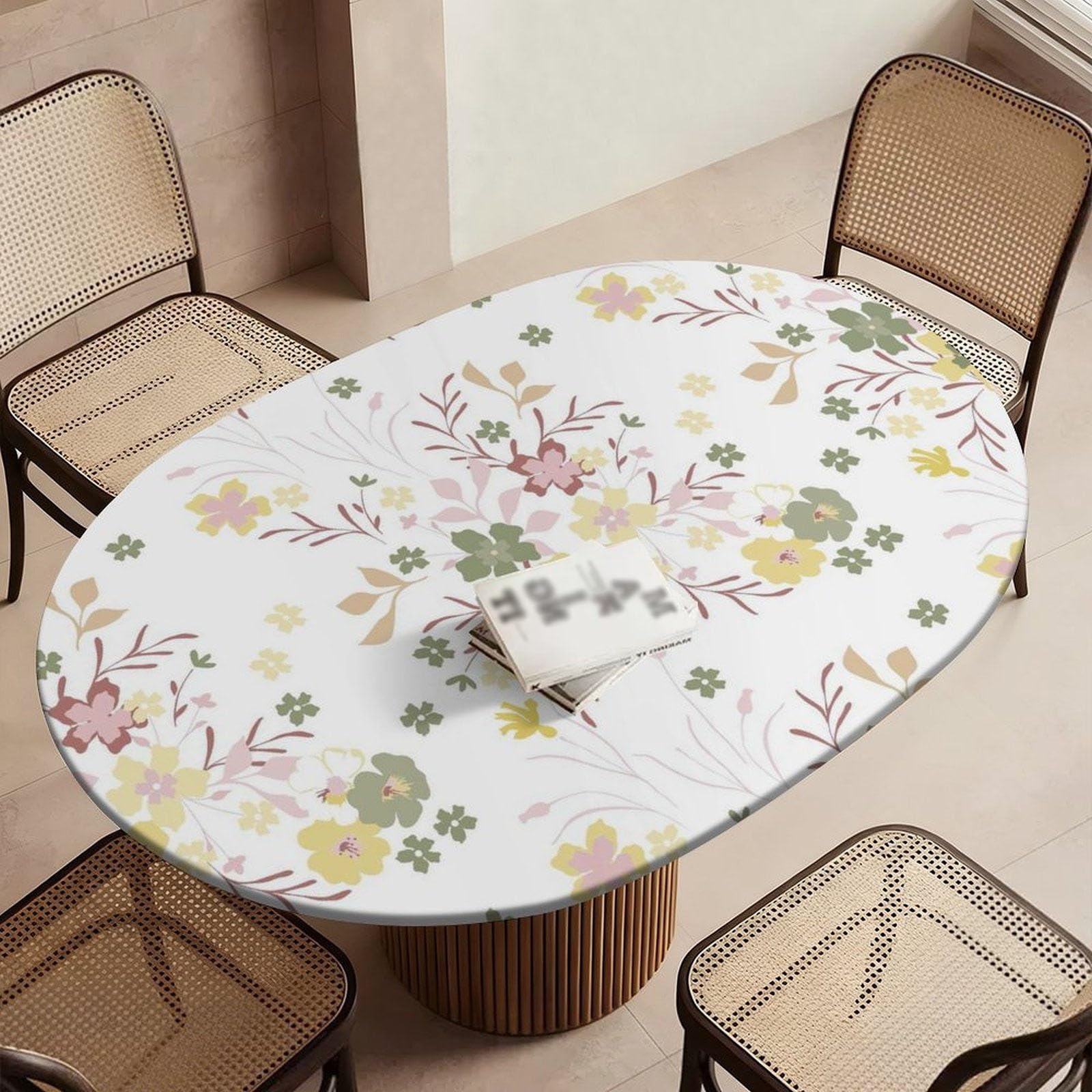 Highdi Waterproof Oval Tablecloth Cover - Oxford Cloth - Elastic Fitted for Kitchen/Garden Oval Tables, Stain-Resistant Wipe-Clean Floral Printed Table Cover (Flower clusters,132x193cm)