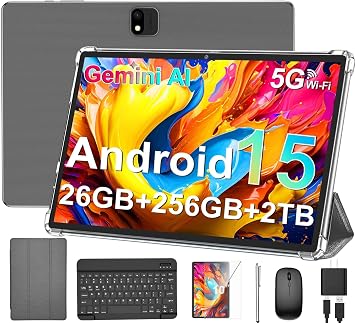 Android Tablet with Keyboard, 2026 Android 15 Tablet 10 inch, 26GB+256GB+2TB Expand, Electronic Tablet PC with Gemini, 8-Core, 8000mAh, 5G WiFi, GMS, 2 in 1 Tablet with Case/Mouse/StylusSilver Case