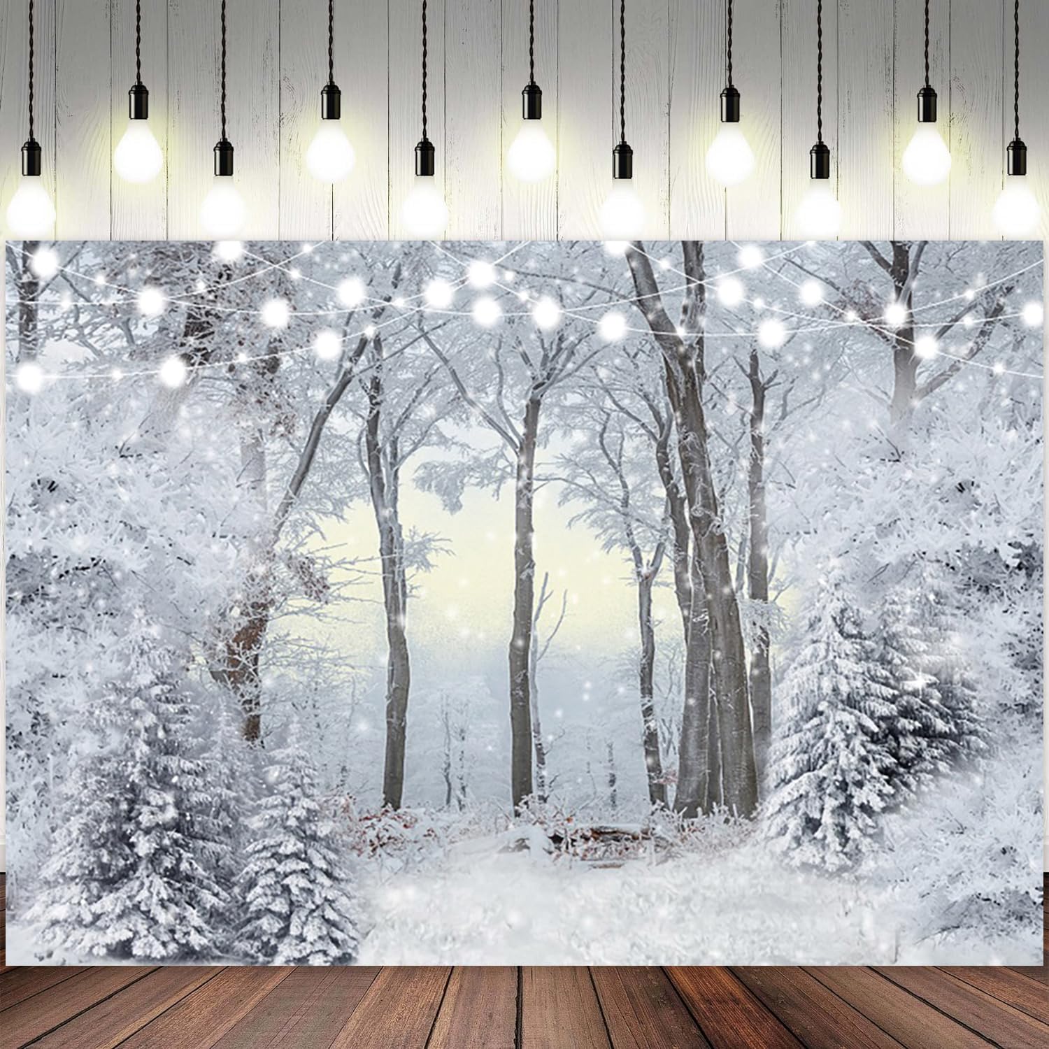 Toile de fond de Noël paysage enneigé pour photographie, fond blanc, sapin enneigé, flocon de neige, bannière à paillettes, décoration de Noël, Nouvel An, vacances, fête, accessoire de