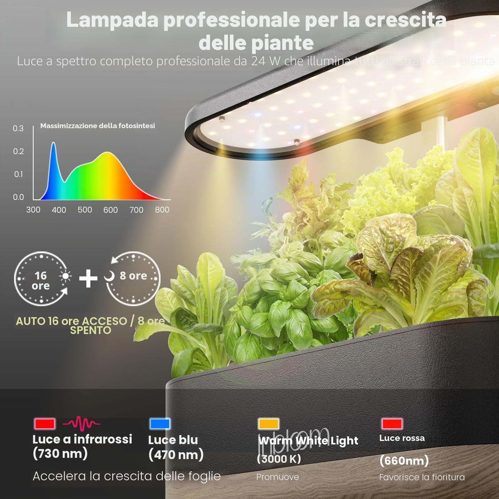 Sistema di coltivazione idroponica 10 cialde, kit da giardino per erbe con sistema a pompa, kit di germinazione con luce LED, timer automatico, nero
