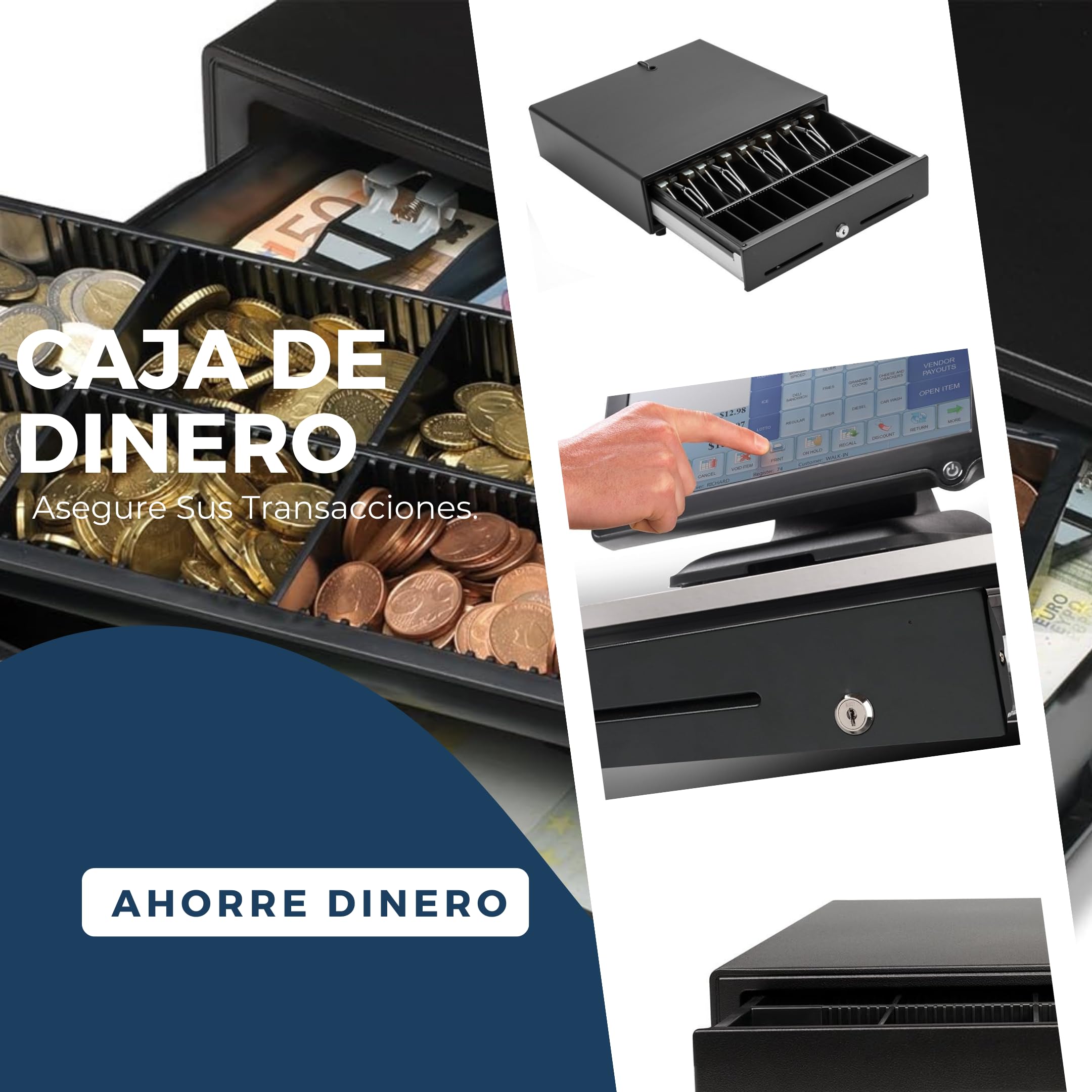 BALSAT | Cassetto Portamonete 410x114x415mm | Registratore di cassa Business | Organizzatore di monete e banconote |Cassetto Soldi automatico eManuale Nero | Organizzatore contanti | Con chiave |