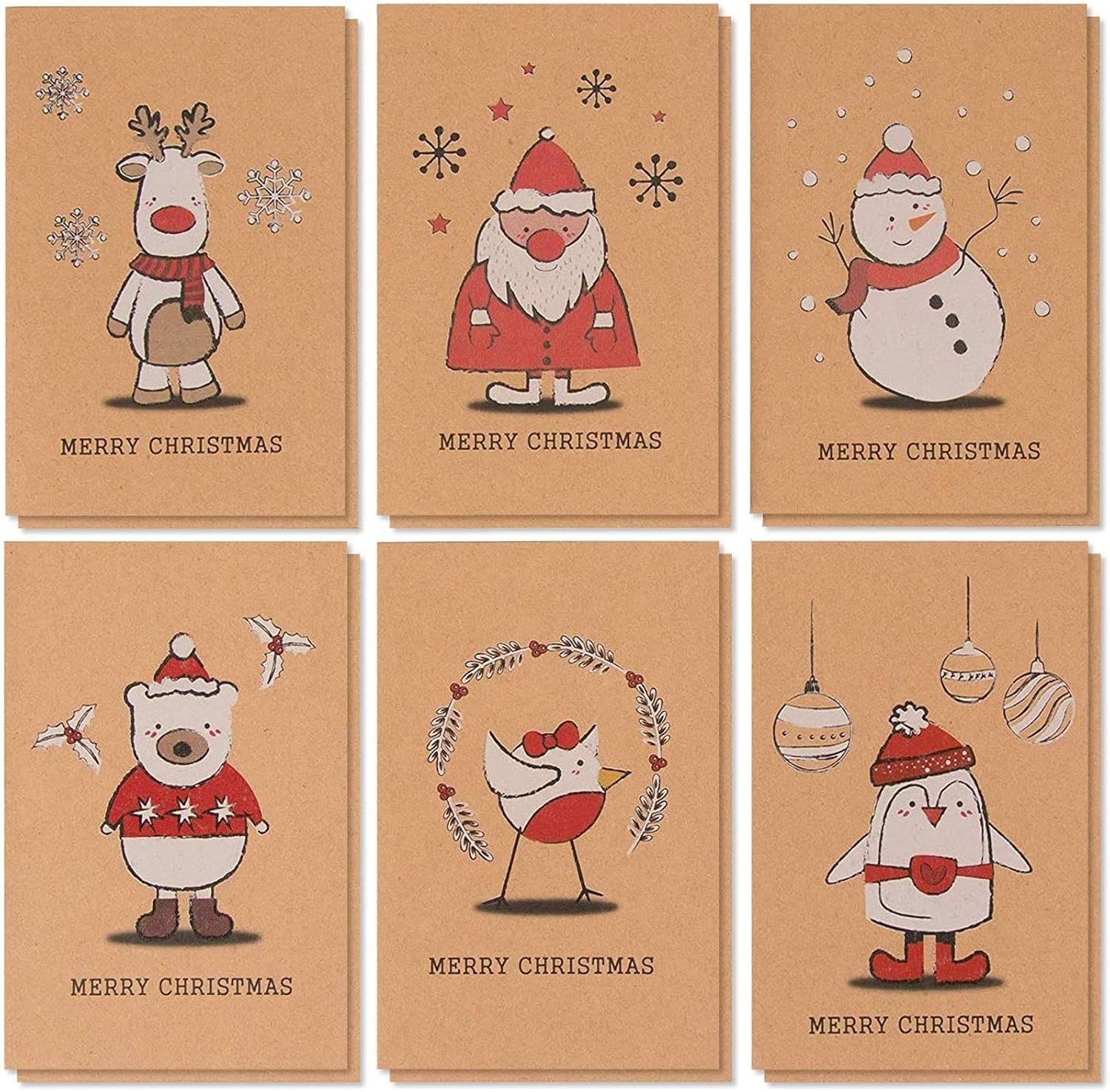 36 Pack Kraft Merry Christmas Greeting Cards with Envelopes, 6 Holiday Yuletide Character Designs (4 x 6 In)