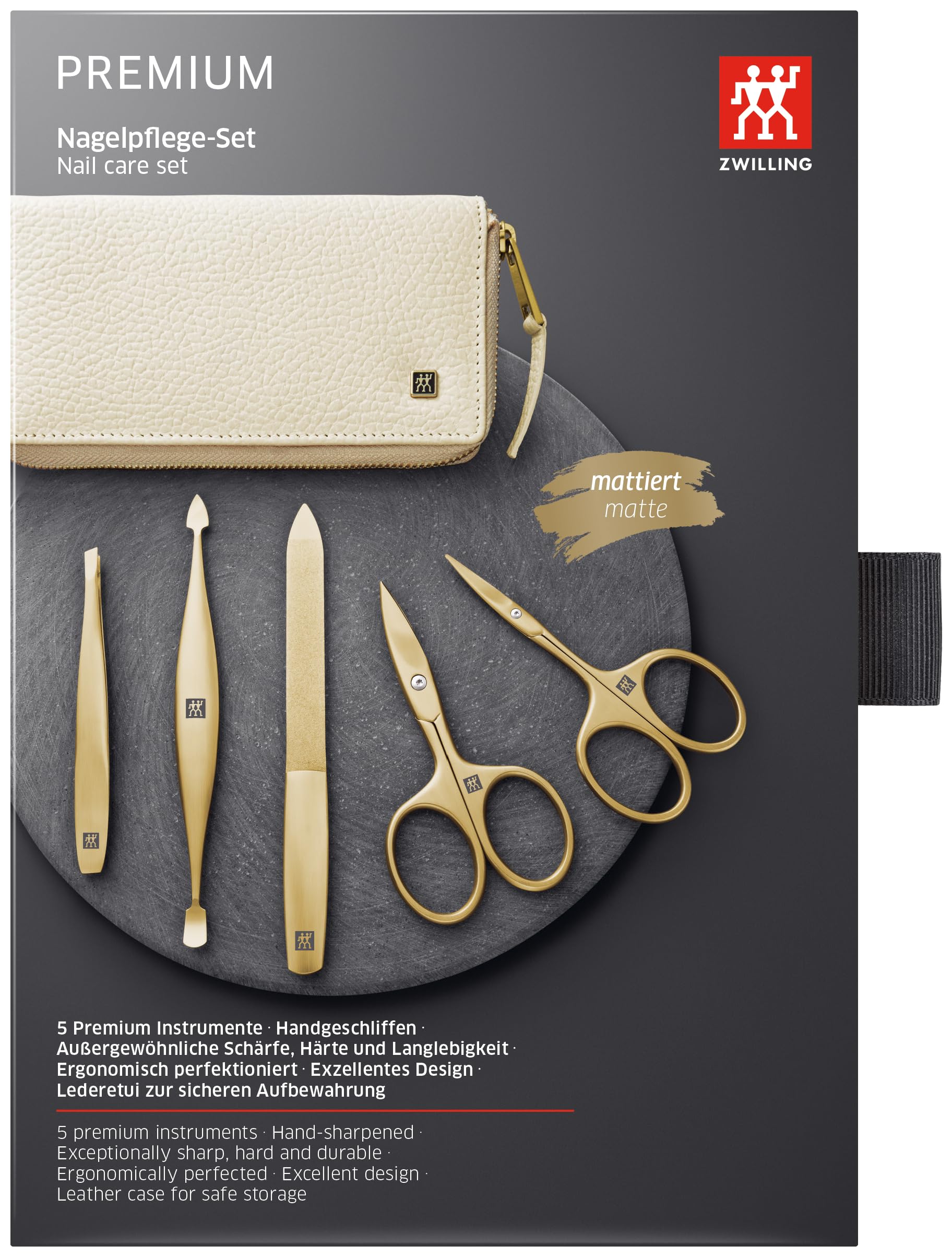 ZWILLING Maniküre-Set (3- oder 5-teilig, Echtleder-Etui, Reiseset mit Nagelschere, Kombischere und Pflegezubehör), Premium, Gold Edition