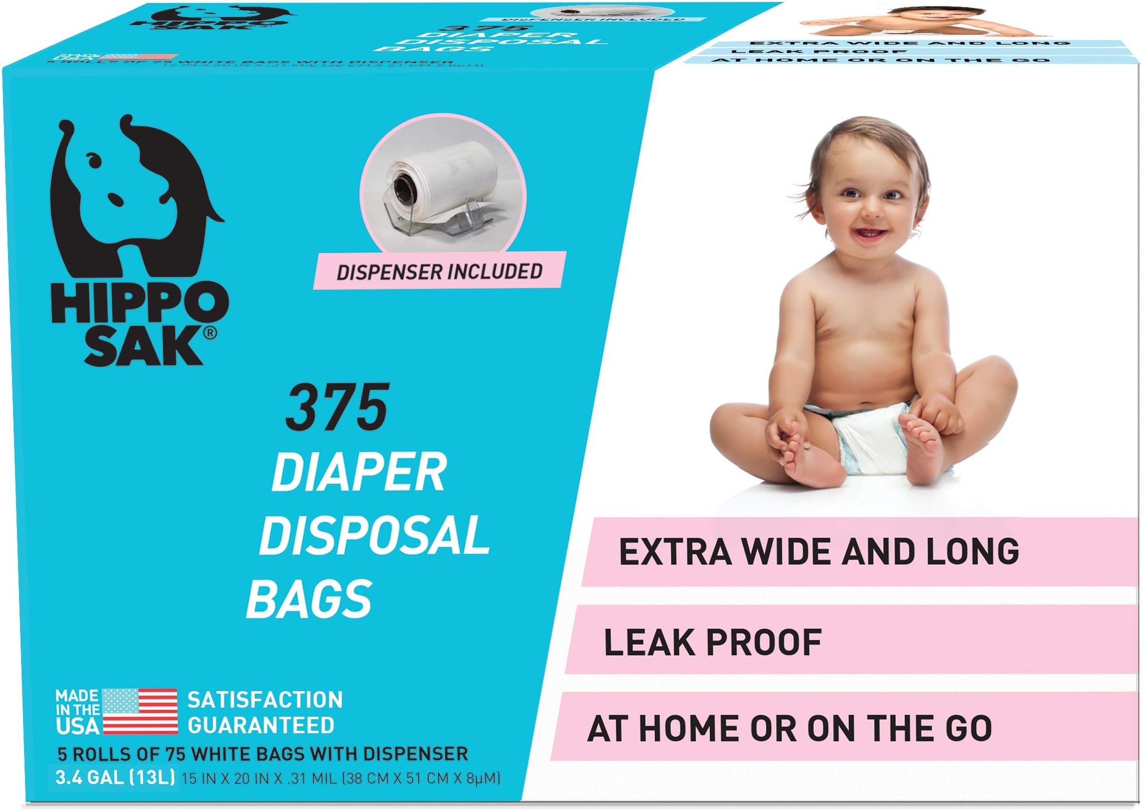 Hippo Sak Diaper Disposal Bags, 375 Count, White