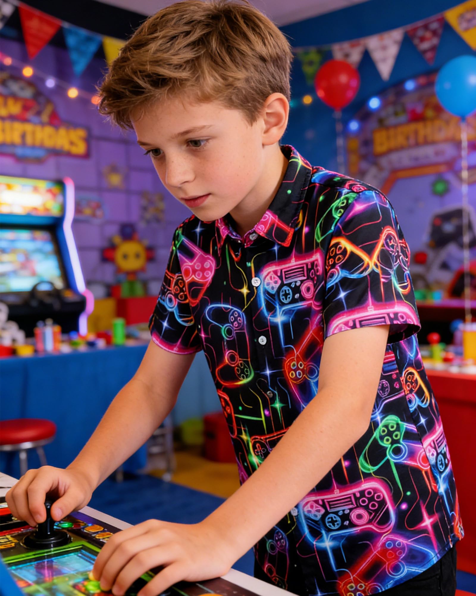 Fanient Chemise à manches courtes pour garçon - Chemise de loisirs - Imprimé fluo - Chemise quotidienne pour enfants de 7 à 14 ans
