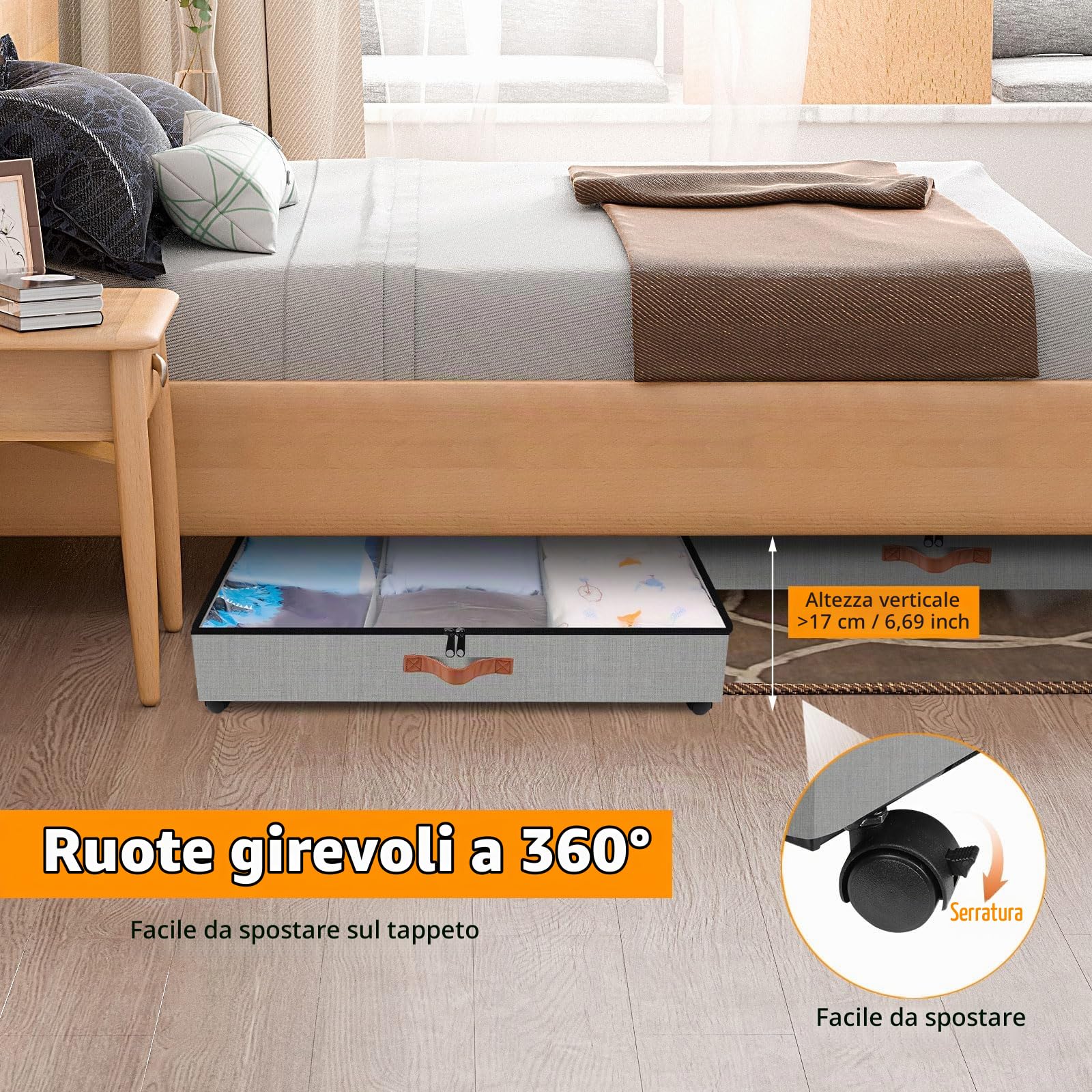 2 Pezzi Contenitori Sottoletto con Ruote, Scatole Sotto Letto Contenitore con Finestra Trasparente, Scatole Per Vestiti Partizione Regolabile, Porta Borse da Armadio per Vestiti Scarpe, Grigio