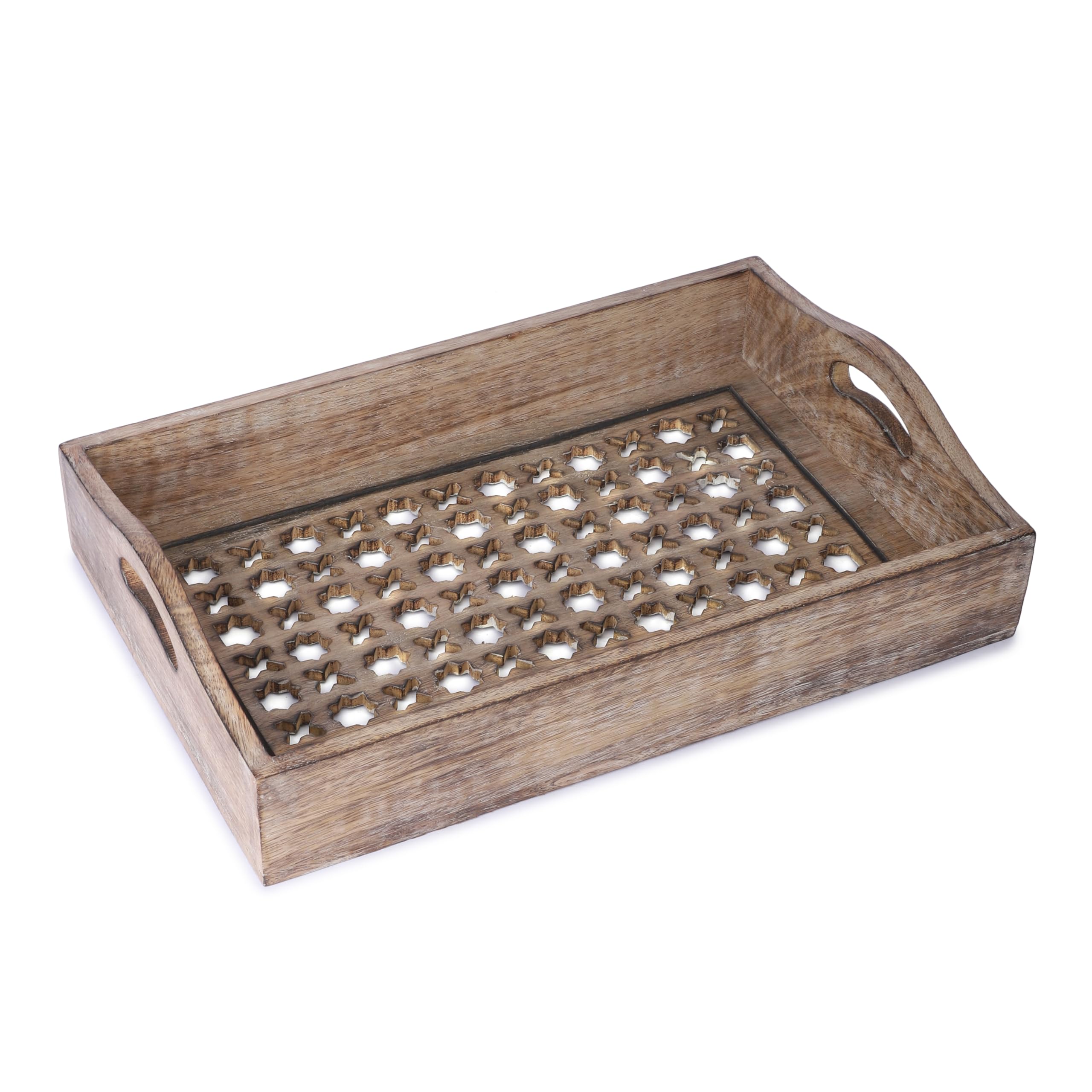 Ajuny 4er-Set Untersetzer Aus Mango-Holz – Handgeschnitzt Mit Kleeblatt-Muster, Quadratisch 10x10 Cm, Mit Halter