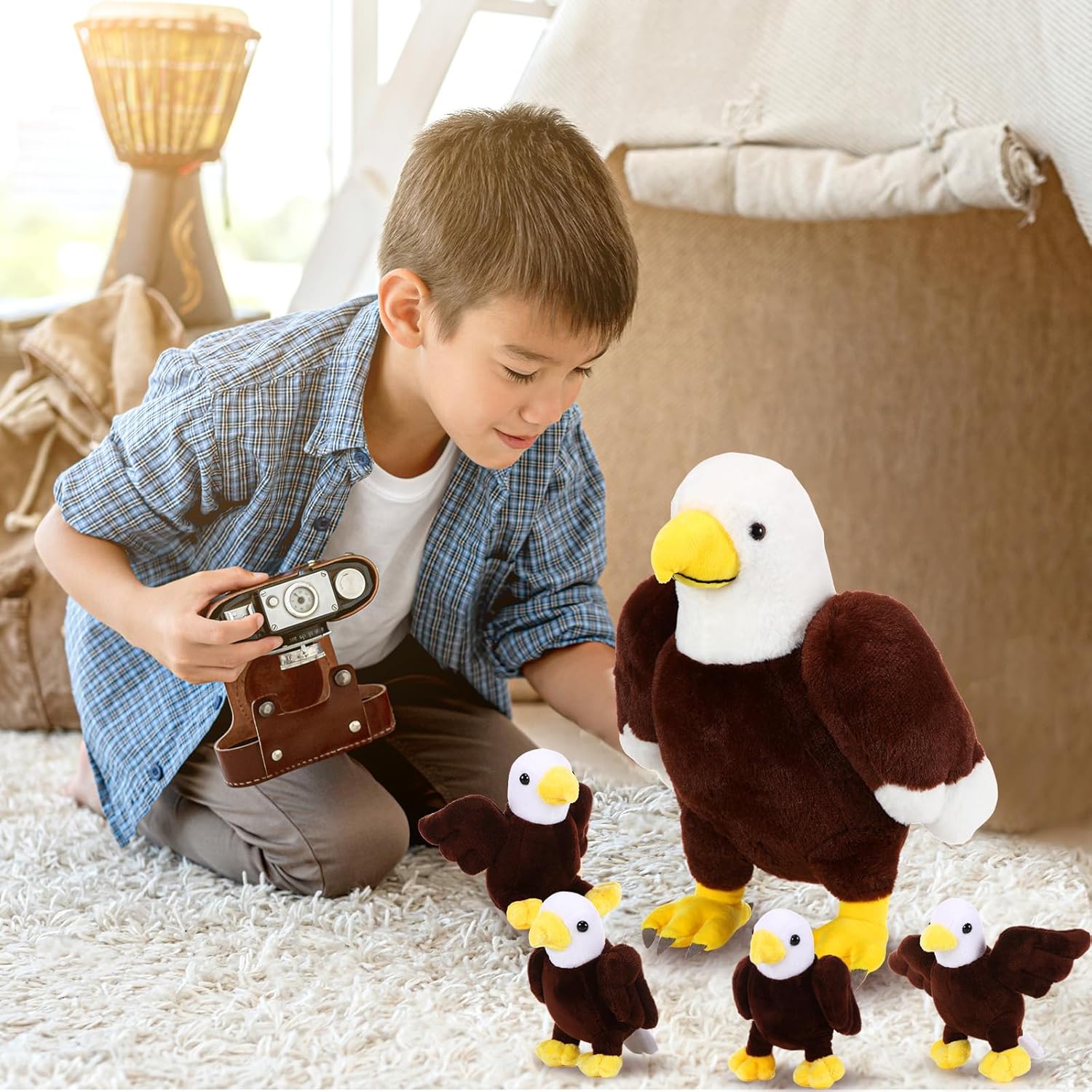 Lenwen 5 Pcs Eagle Stuffed Animal Bulk 1 Plush Mommy with 4 Cute Babies Plush Wild Bald Eagles Stuffed Animal Toy for Boys Girls Birders Zoo Gifts