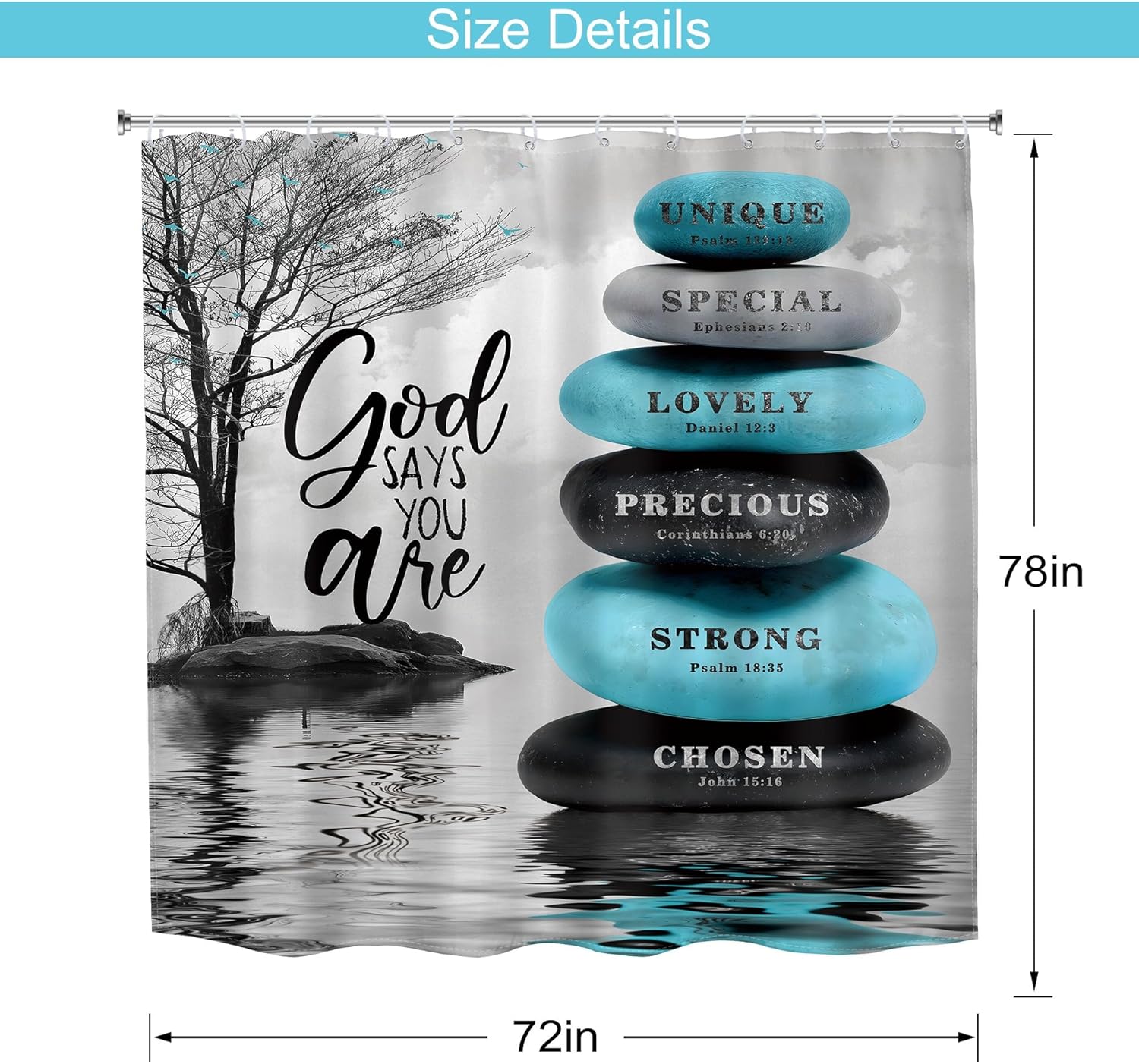MESHELLY Zen Stone Bible Verse Shower Curtain 72Wx78H Teal Blue Spa Relaxing Meditation Quote Inspirational Massage Black Tree Gray Bath Curtain Bathroom Accessories Decor with 12 Hook