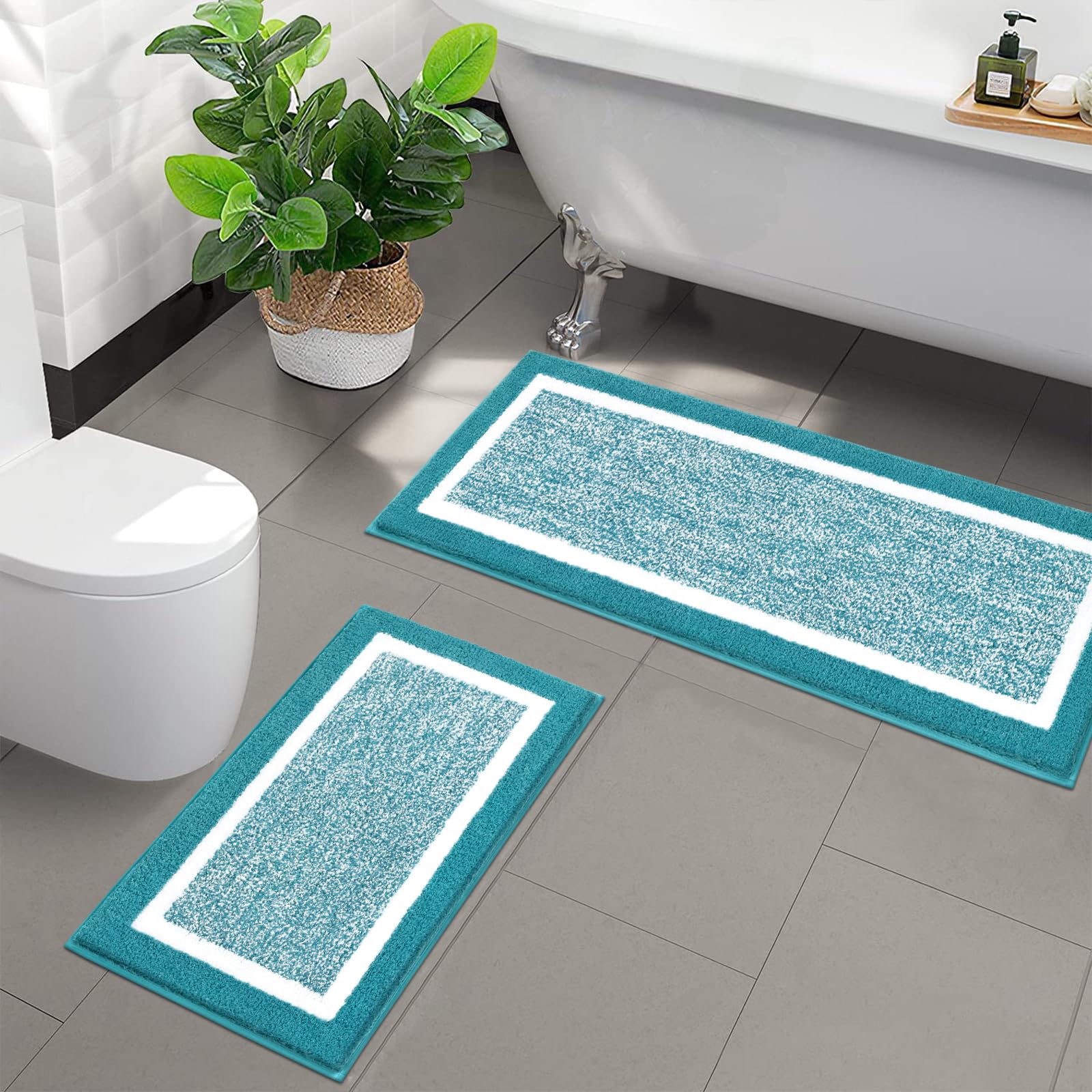 Pauwer Set di 2 tappeti da bagno antiscivolo, per bagno, assorbenti, lavabili in lavatrice, per pavimento del bagno, vasca e doccia, colore: blu acqua