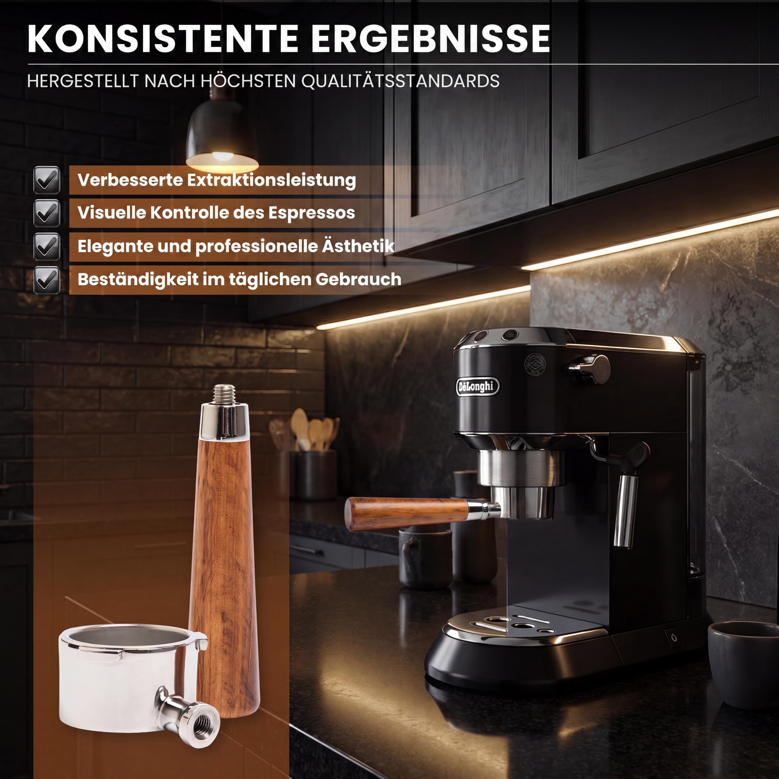 Siebträger ohne Boden, 51 mm, 3,8 mm, feines Ohr, kompatibel mit De'Longhi EM450.M, ECP, Power Espresso 20, 2 Filter, Verteilerfilter und Dosiertrichter (kompatibel mit EM450 / ECP (3,8 mm))