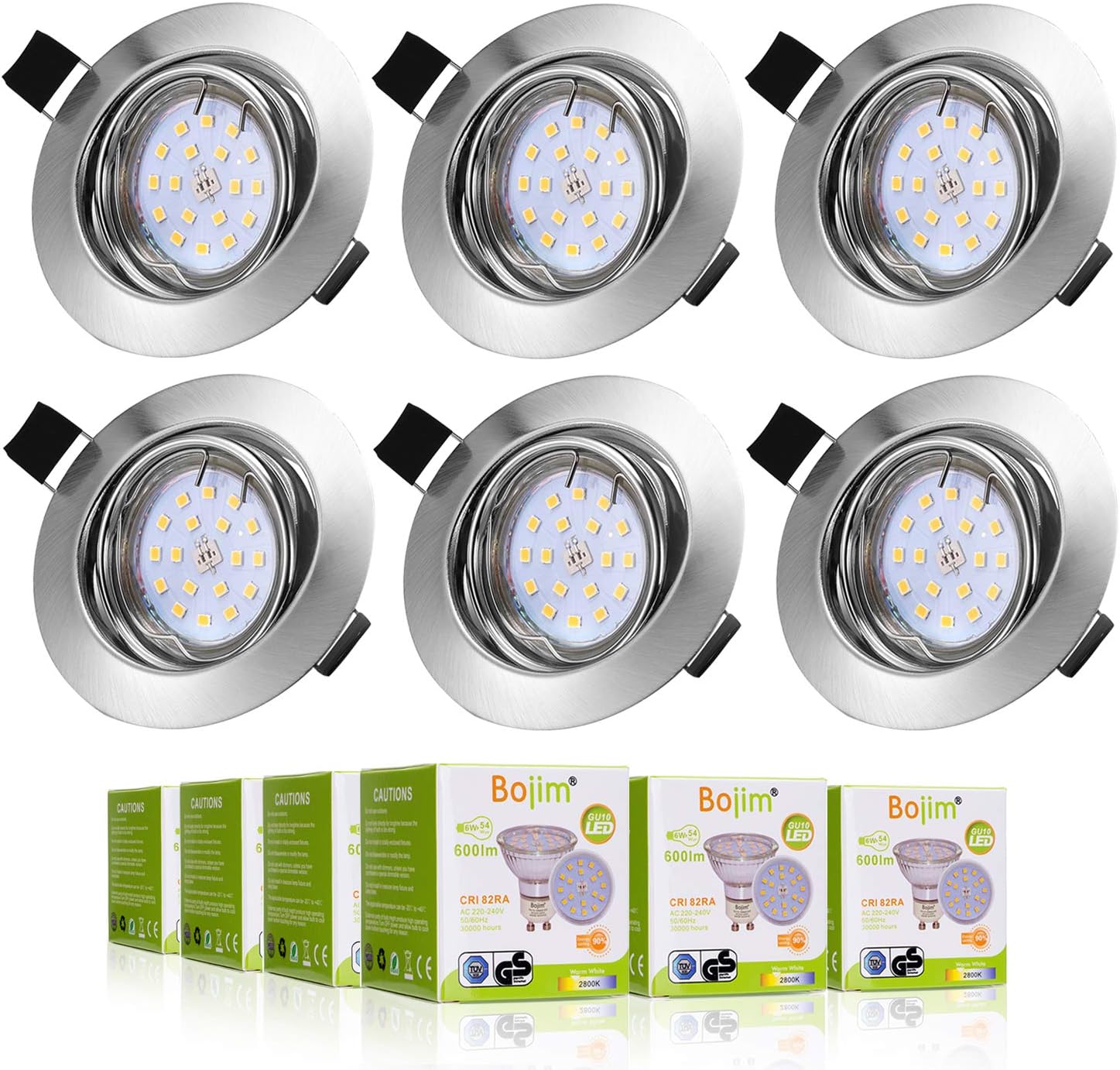 Bojim 6x LED GU10 Spot Lights Downlights Recessed Ceiling Lights Angle Orientable Lamp 6W Warm White 2800K 600 Lm 54W Incandescent Bulb Equivalent for Living Room Bedroom Kitchen Polished Chrome (LED Bulb Included) [Energy Class E]