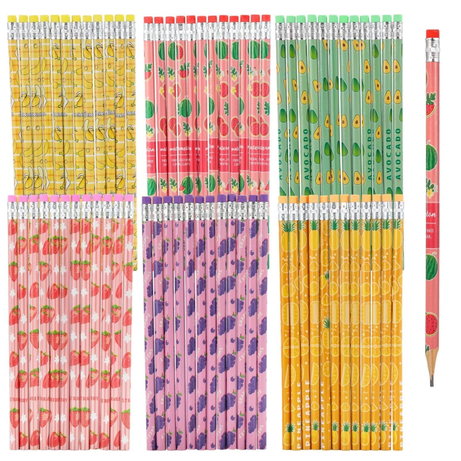Lot de 240 crayons colorés en bois HB avec motifs de fruits amusants pour étudiants, récompenses et cadeaux