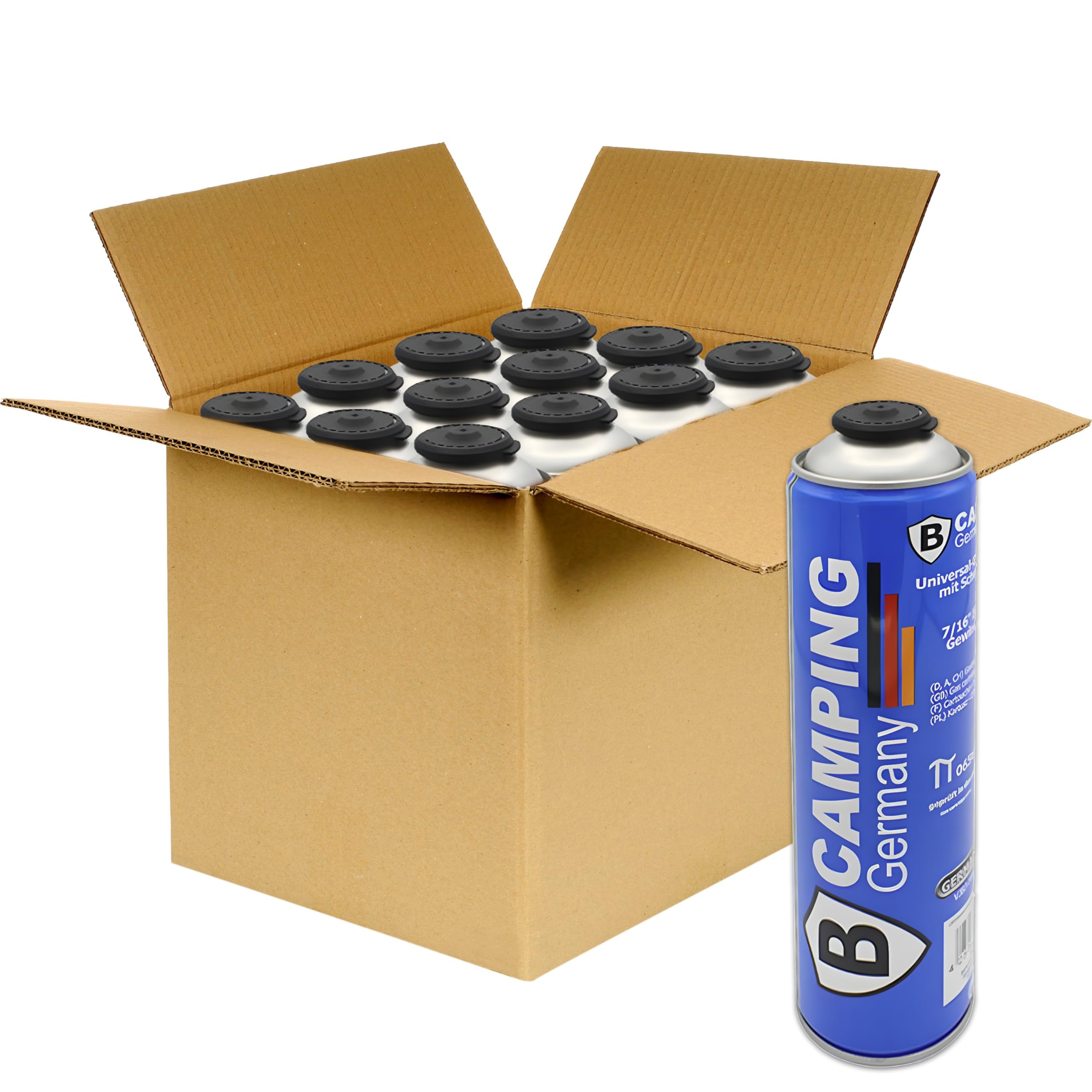 Gaskartusche Butan Universal mit Schraubventil 330g für Gaskocher, Gasbrenner, Campingkocher und Lötgeräte mit 7/16" EU (UNEF) Schraubventil-Anschluss (12 Stück - Kiste)
