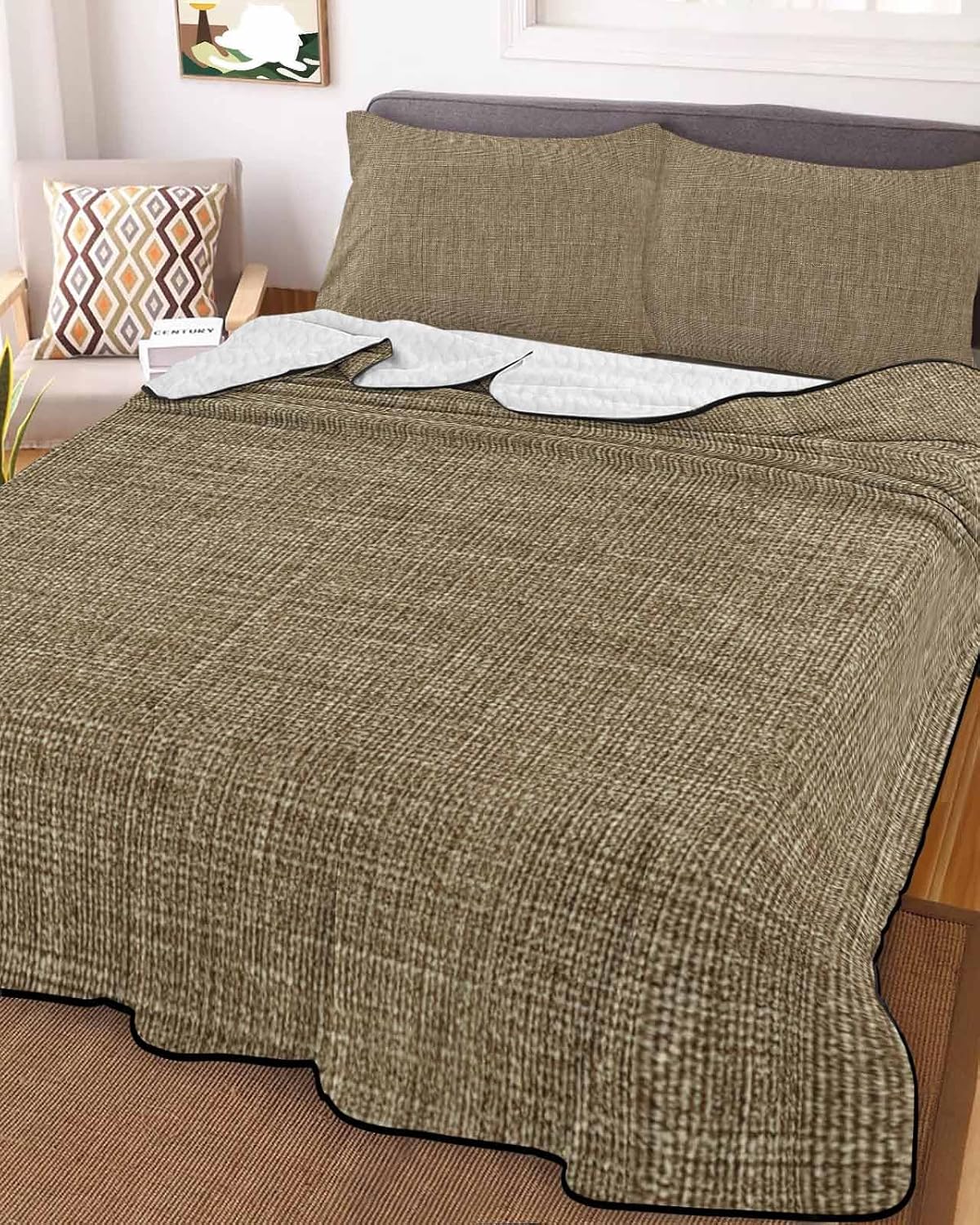 King Size Quilt Set, Farmhouse Brown Lightweight Bedspread Coverlet Set Soft Microfiber Summer Quilt with 2 Pillow Shams, Vintage Linen 3 Piece Comforter Bedding Set