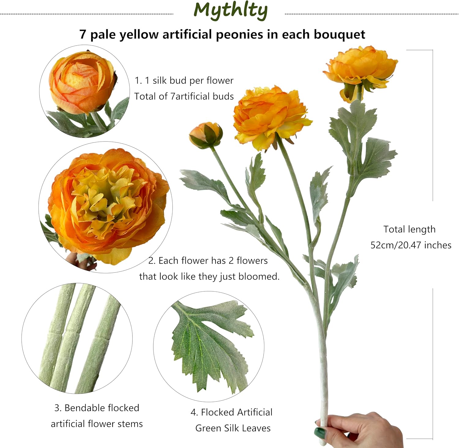7 pcs Orange Peonies Artificial Flowers, Fake Ranunculus for for vase, Fake Silk Flowers for Home Table Centerpiece Office Desk Farmhouse Kitchen Dining Coffee Table Decoration (Light Orange)