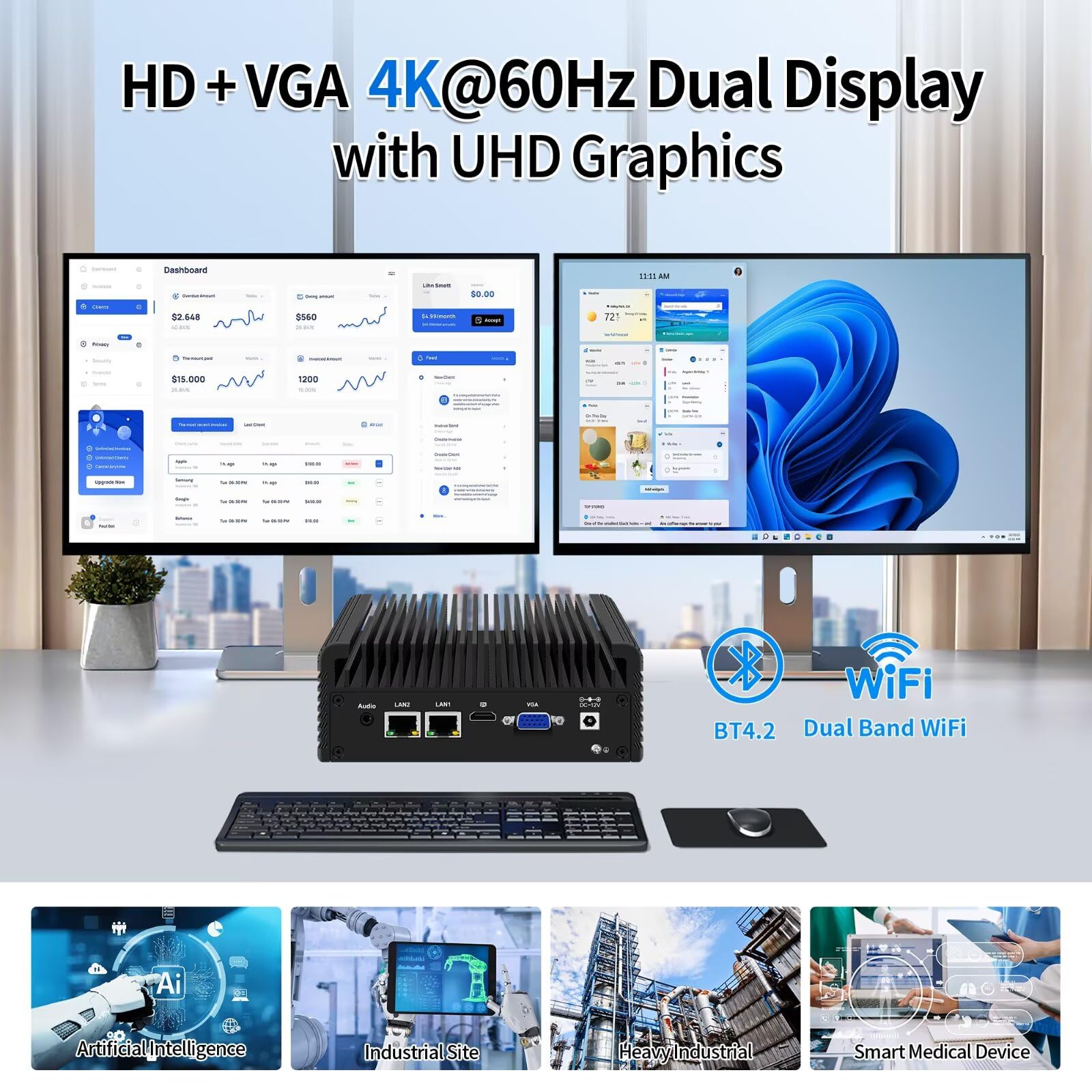 Industrial Mini PC, Industrie PC Celeron N2840, Fanless Computer, HD+VGA Dual Display, 2RS232 COM, 2RJ45 LAN, 4USB, WiFi, BT,SIM Slot,DDR3L Barebone