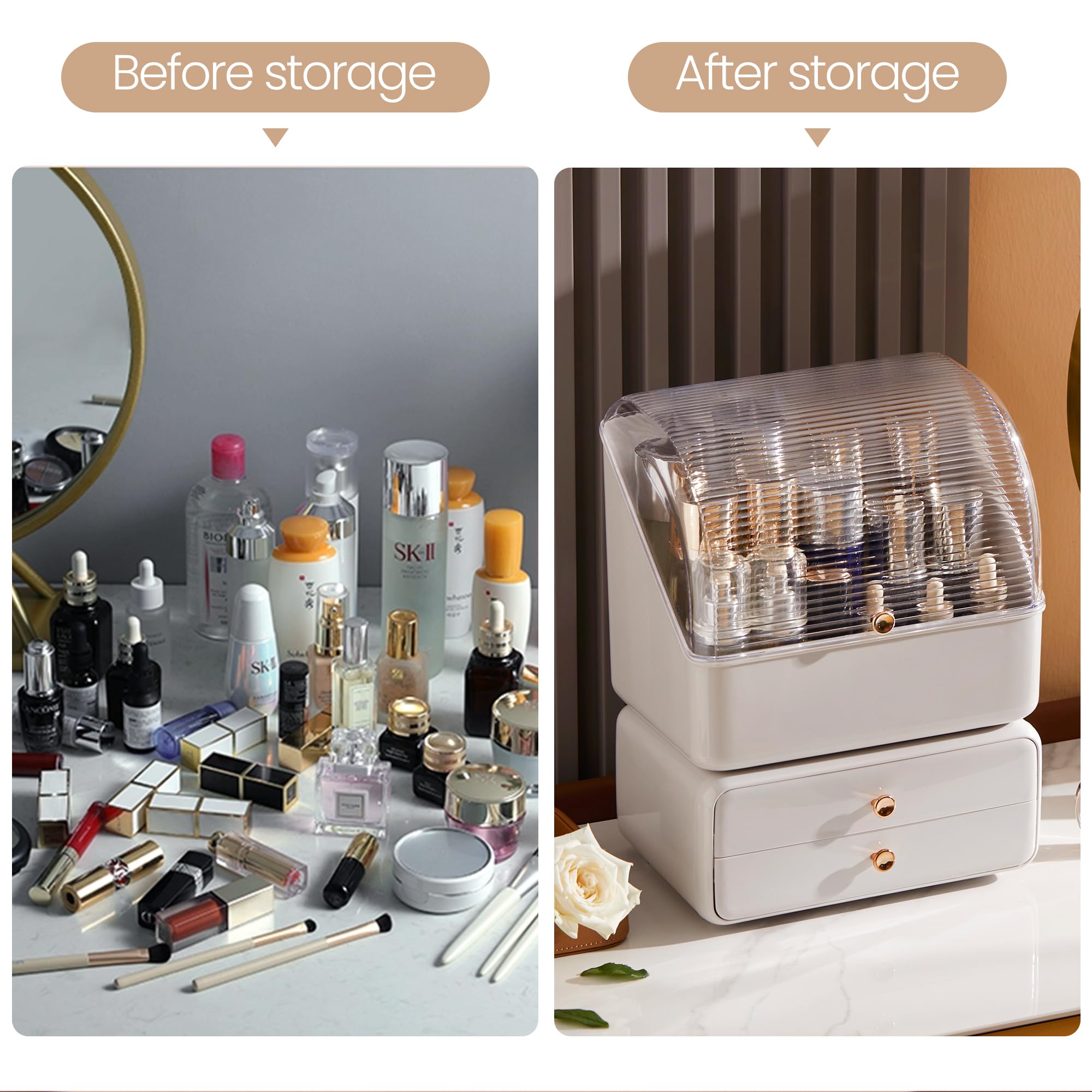 CUIUD Cosmetic Storage, Cosmetic Display Case, Cosmetic Skincare Organizer, Waterproof 2 Tier Storage Box with Clear Lid, Bedroom Dresser and T1 -white