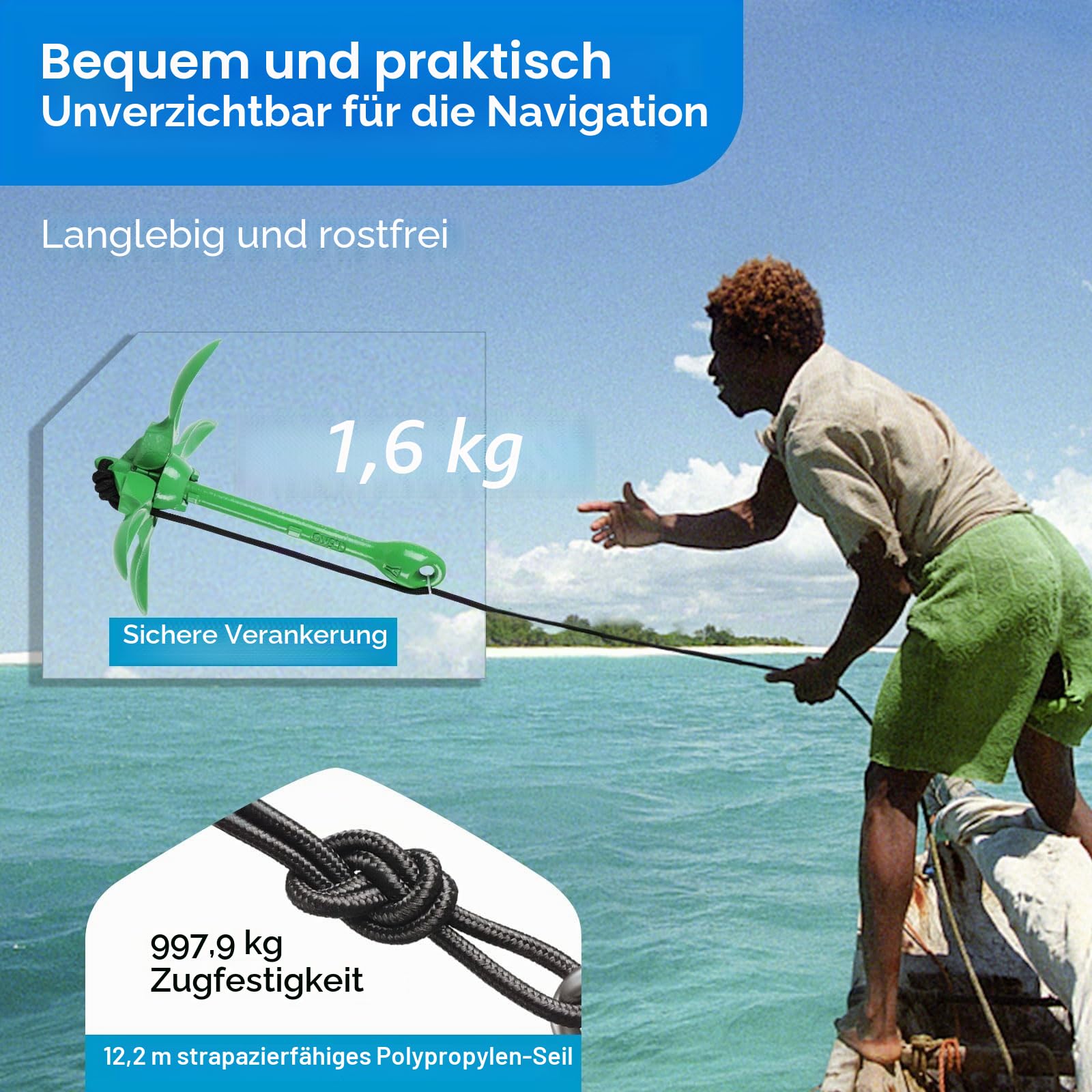 Alpinista Kajakanker, 1,6 kg, tragbar, faltbar, mit 12,2 m langem Seil für Kajak, Kanus, Angeln und Paddelbrett-Zubehör, Grün