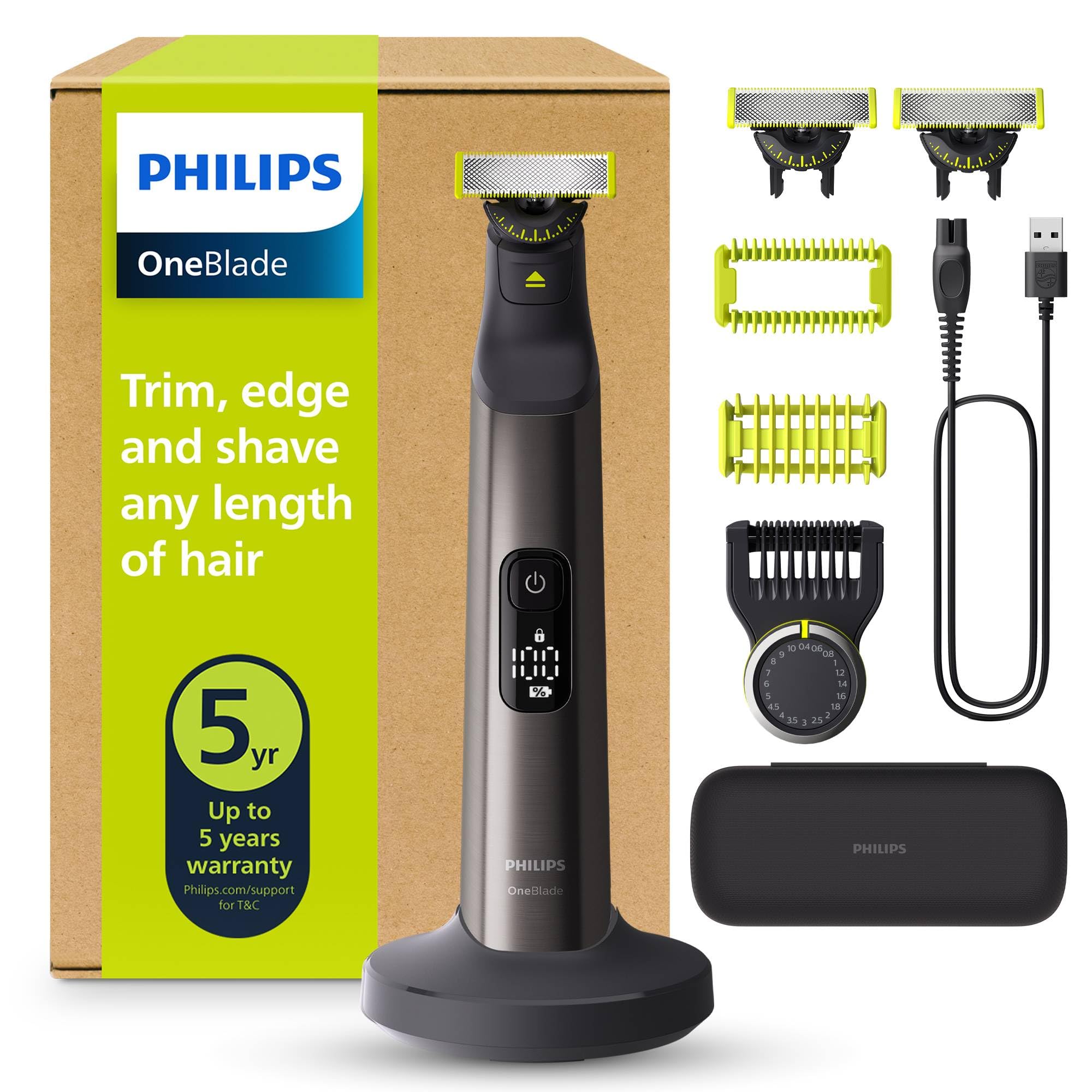 Philips OneBlade Pro 360 Authentique Visage+Corps - Tondeuse à barbe électrique, rasoir et tondeuse, 2 lames 360, 1 sabot avec 20 hauteurs de coupe, 1 kit Corps, 1 socle de charge, QP6652/35