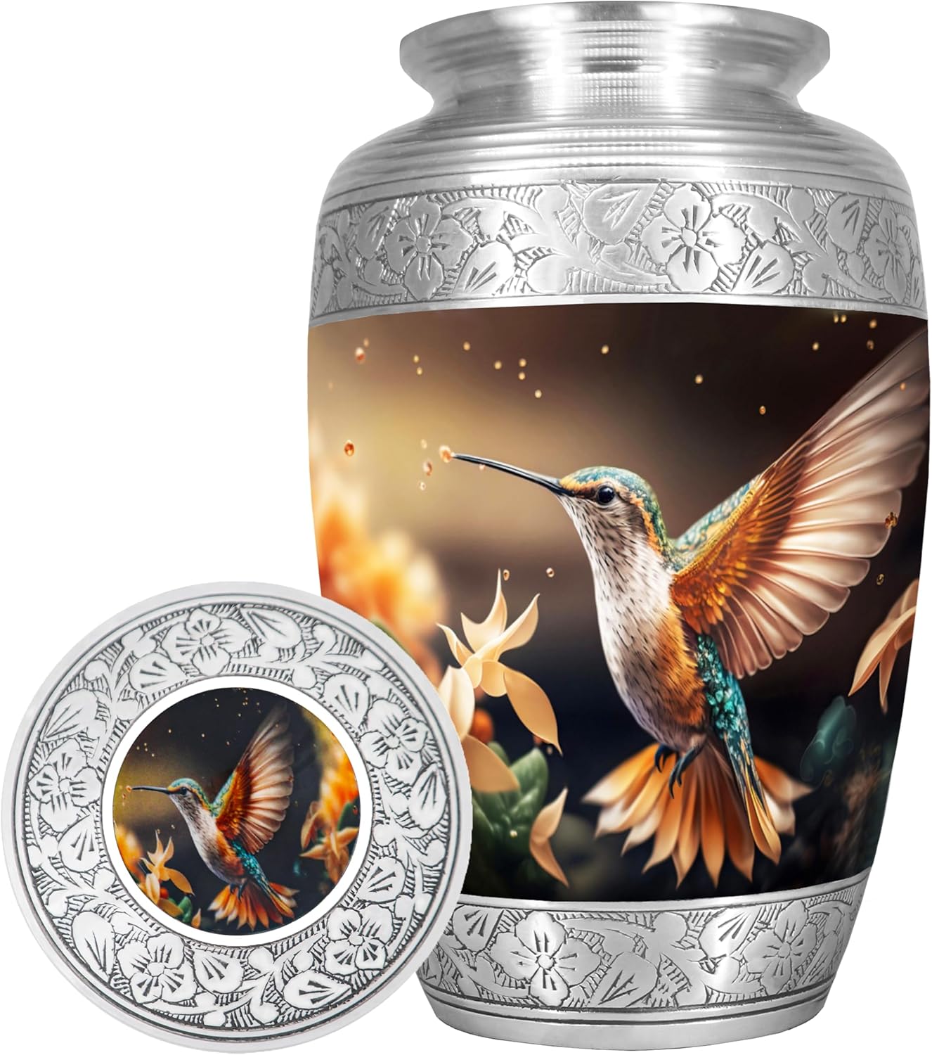 Cremation Urns for Human Ashes Adult Female or Male, Funeral Urn for Ashes for Women or Man, Burial Urns, Decorative Urns for Women or Men, Yellow Flower, Hummingbird Urns - Large